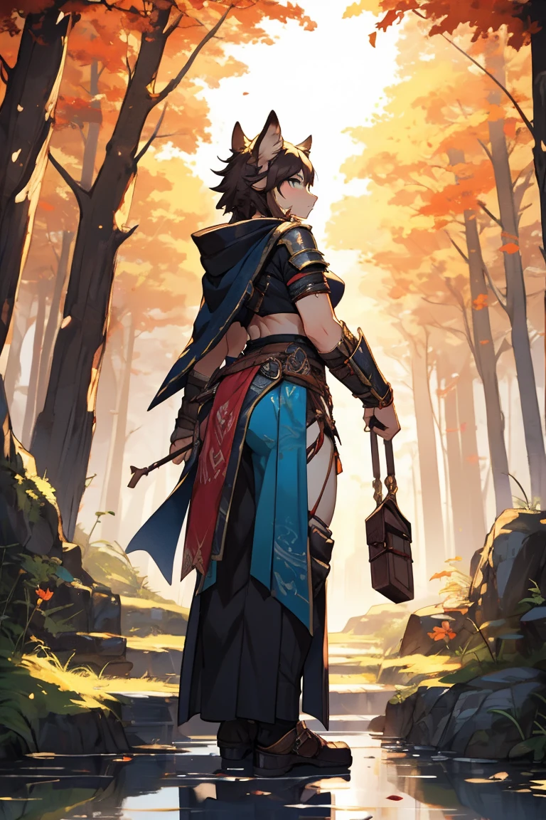 absurdres, highres, ultra detailed, 1girl, solo, extremely detailed eyes, (official art, beautiful and aesthetic:1.2), (1girl), extreme detailed,(fractal art:1.3),colorful,highest detailed, short blue hair with 2 braids on top of the head, yellow chinese clothes, jumping, in a green field with flowers, mountains on background