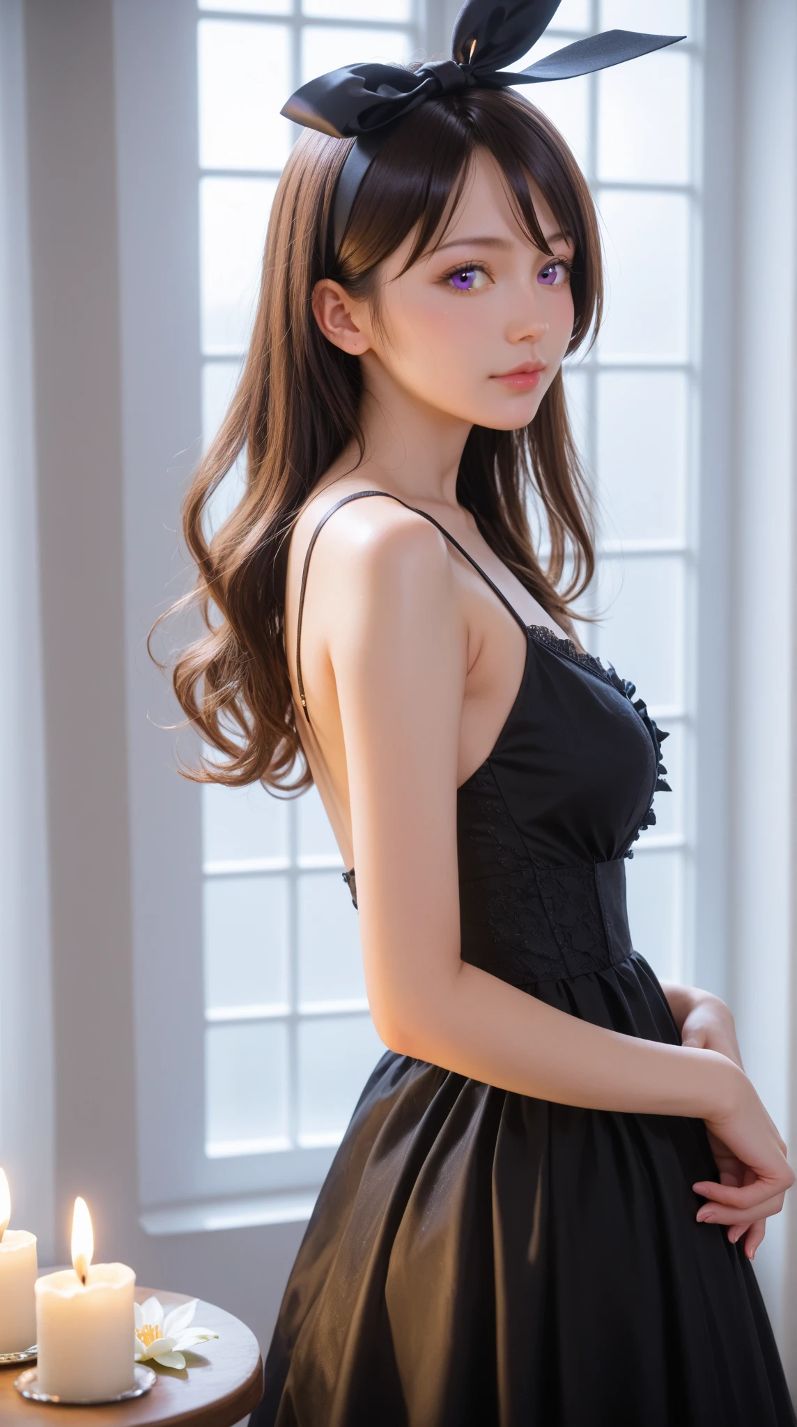 Realistic, One Girl, Brown Hair, Purple eyes, Glowing Eyes, thin, Sheer lace , thin, Sheer lace T-back, Lips parted, blush, night, Flowers, sun, sunlight,