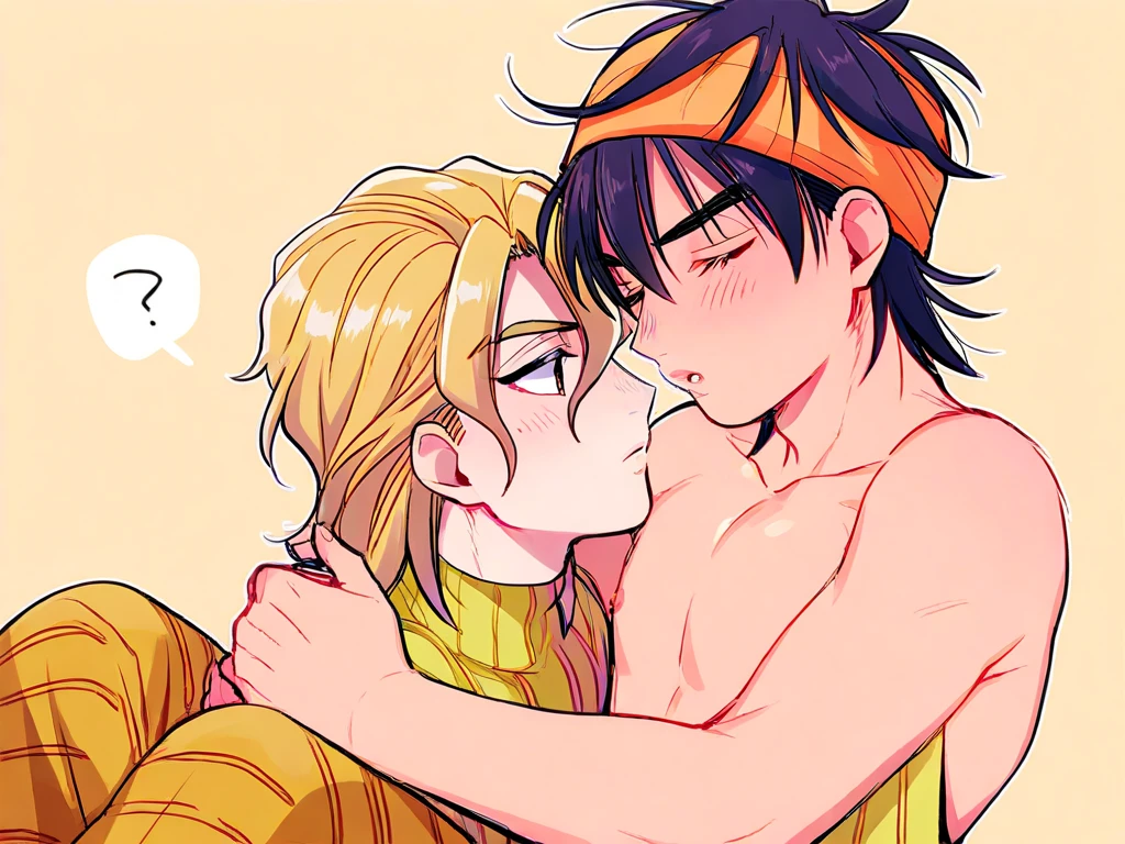 In the lost tribe, the Mayan tribe, tribal chief, two muscular adults hugging and kissing, full , stroking each other's bodies, orange and yellow gradient hair, yellow gradient hair, , holding a staff, full body,  legs,  feet, a lot of herbs around him, holding a staff, two men kissing affectionately, tattooing, hugging together, lying down, muscle man