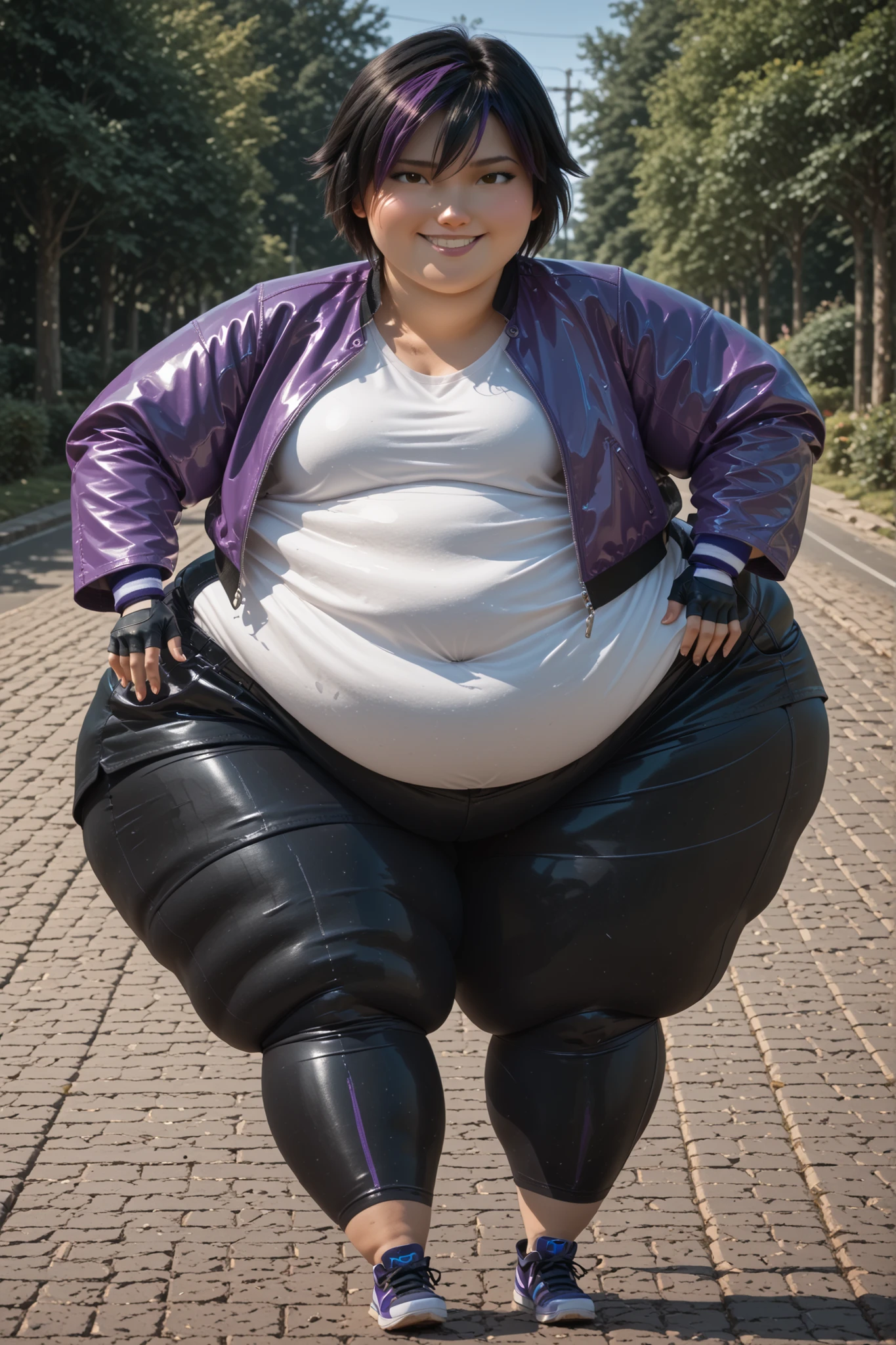 sole, masterpiece, best quality,gogo tomago, 1girl, black hair,brown eyes, short hair, streaked hair, purple hair, bike shorts, black fingerless gloves, purple leather jacket, black capri pants, black sneakers, open jacket, cropped jacket, white t-shirt, sleeves pushed up, blue patches, hyper fat, hyper obese, full body, outdoors, smug, motorcycle, highway
