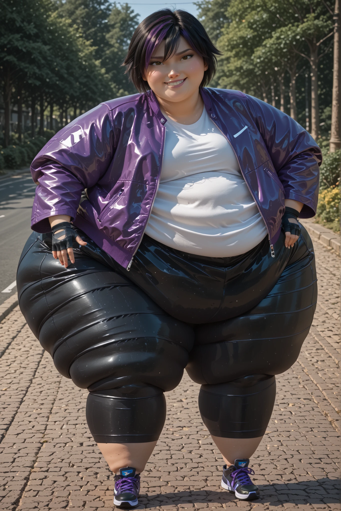 sole, masterpiece, best quality,gogo tomago, 1girl, black hair,brown eyes, short hair, streaked hair, purple hair, bike shorts, black fingerless gloves, purple leather jacket, black capri pants, black sneakers, open jacket, cropped jacket, white t-shirt, sleeves pushed up, blue patches, hyper fat, hyper obese, full body, outdoors, smug, motorcycle, highway