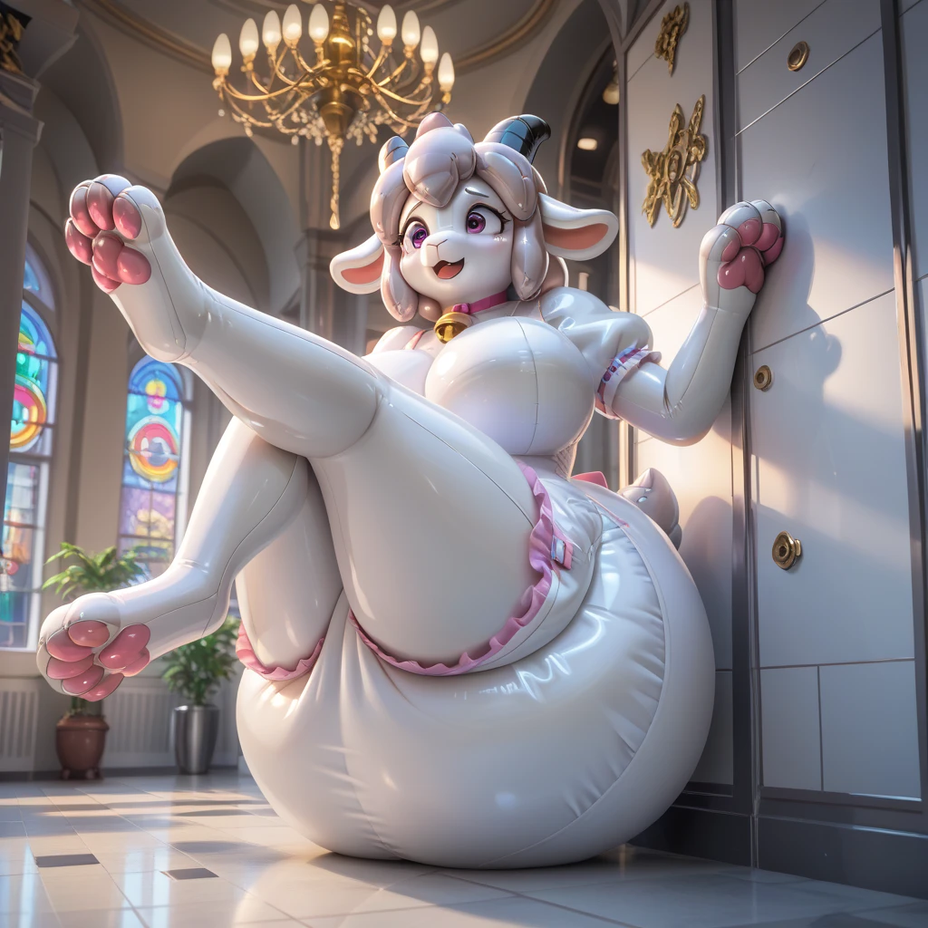 [temmie], [undertale], (Pixelsketcher), (wamudraws)], ((masterpiece)), ((HD)), ((solo portrait)), ((feet visible)), ((furry; anthro)), ((detailed fur)), ((detailed shading)), ((beautiful render art)), {anthro; (white body fur), black nose, cute grey eyes, ???????????, big ????, big inflating belly, short grey hair, inflating, floating, off the floor, living inflatable, ???? inflation, ?????? inflation, hourglass inflation, expanding ????, expanding ???????, expanding assets, in her bedroom