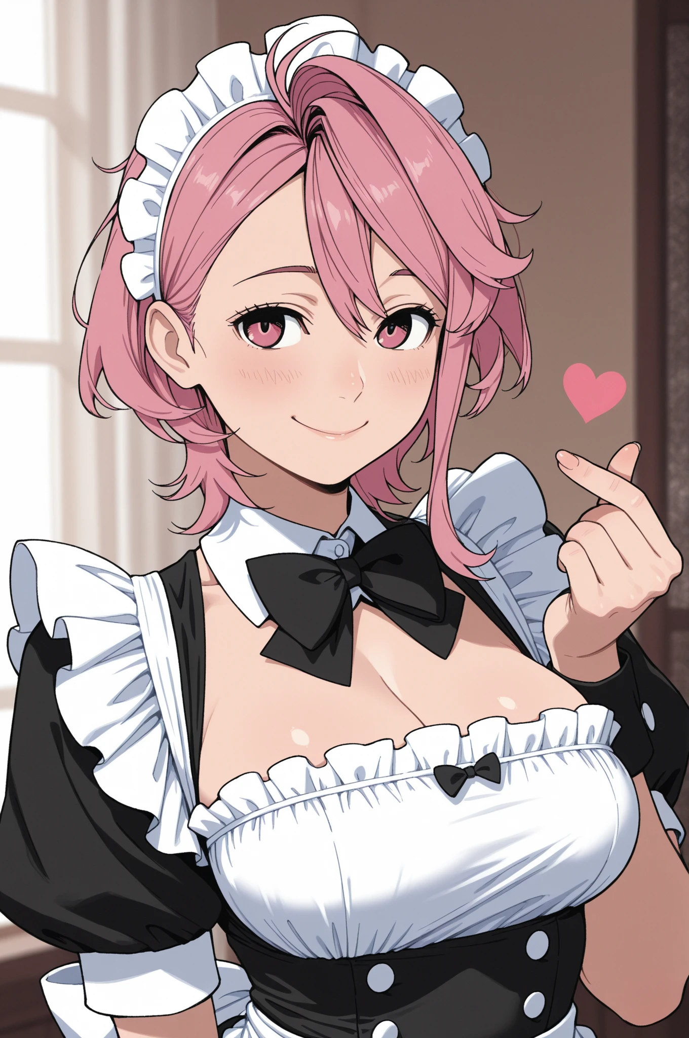 masterpiece, best quality,     Bzzm3b0t, 1girl, solo, short hair, , looking at viewer, smile, bangs, long sleeves, dress, bow, ribbon, cleavage, hair between eyes, , purple eyes, pink hair, frills, alternate costume, puffy sleeves, grin, apron, black dress, v-shaped eyebrows, maid, maid headdress, black ribbon, black bow, neck ribbon, detached collar, juliet sleeves, white apron, maid apron, meme, smirk, enmaided, smug, peeking out  ,