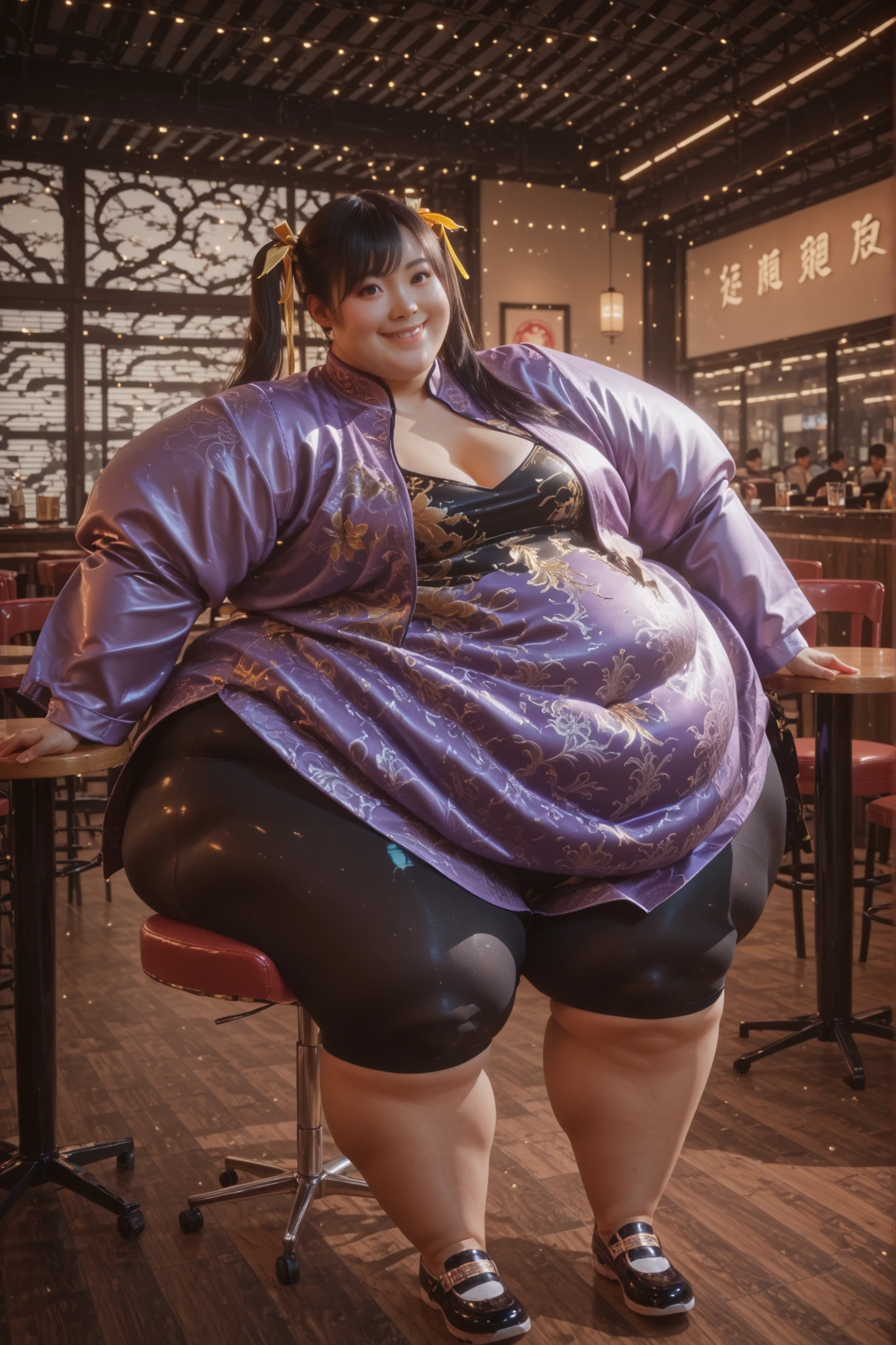 1girl, solo, masterpiece, best quality, Ling Xiaoyu, long hair, black hair, twin tails, brown eyes, Asian, shirt, long sleeves, hair ornament, ribbon, hair ribbon, open clothes, shorts, open jacket, purple jacket, purple shorts, Chinese clothes, short dress, bike shorts, China dress, yellow ribbon, hyper fat, hyper obese, full body, smile, indoors, sitting, restaurant, floating chair