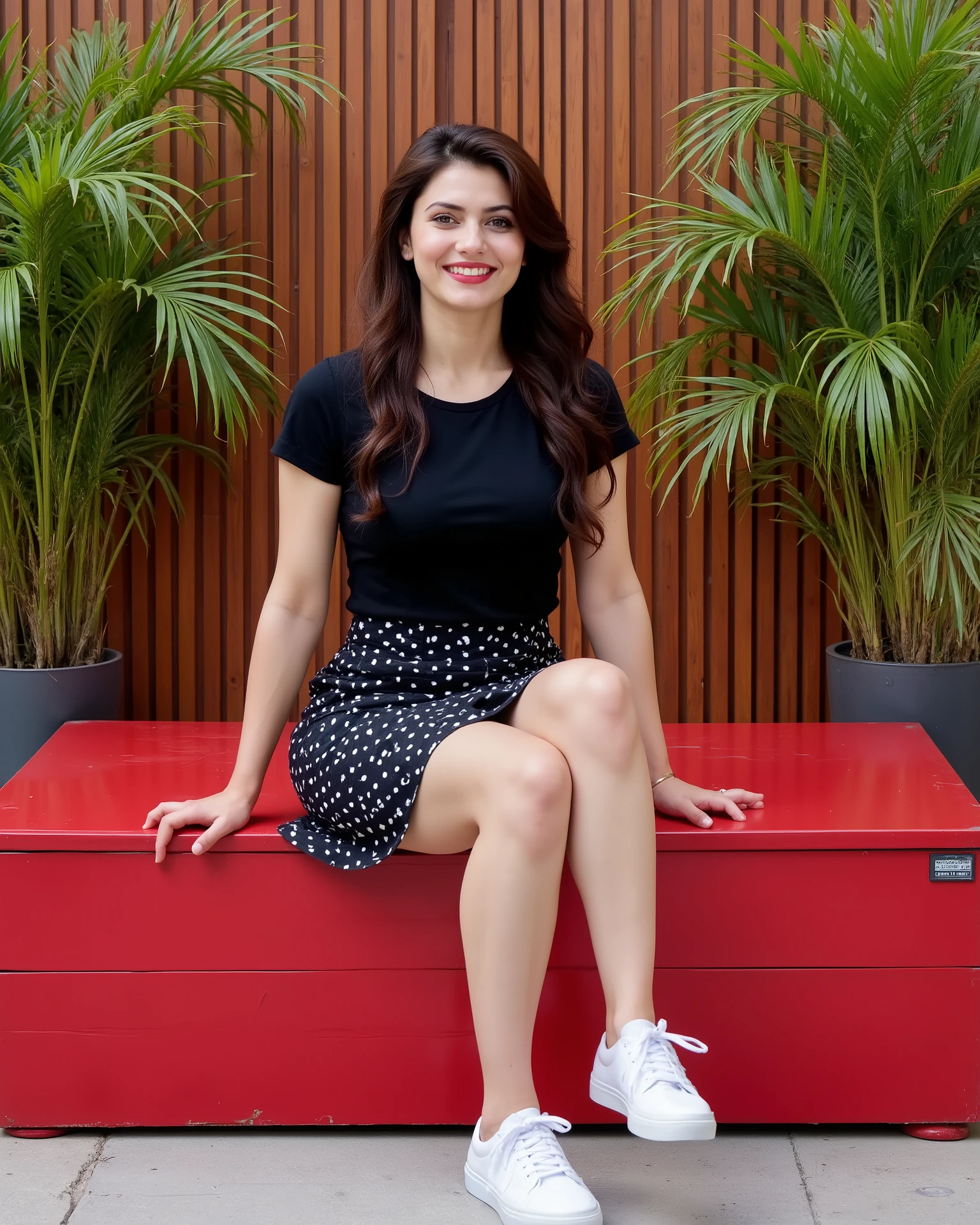 , Full body image of a 20-year-old Indian girl with smiling look, fair skin tone, light grey eyes, fox eyelashes, thin eyebrows, black eye liner, silver eyeshadow, natural blush, and red lipstick. Her hairs are long, brown, wavy and stylish. She is wearing a black t-shirt and a black skirt with white polka dots, white sneakers. She is sitting on a bright dark-red wooden bench. Her arms rest gently on the bench. The background has a textured wall, partially covered by vertical wooden slats. Lush green potted palms plants are visible on both sides of the bench, adding a touch of nature to the scene.