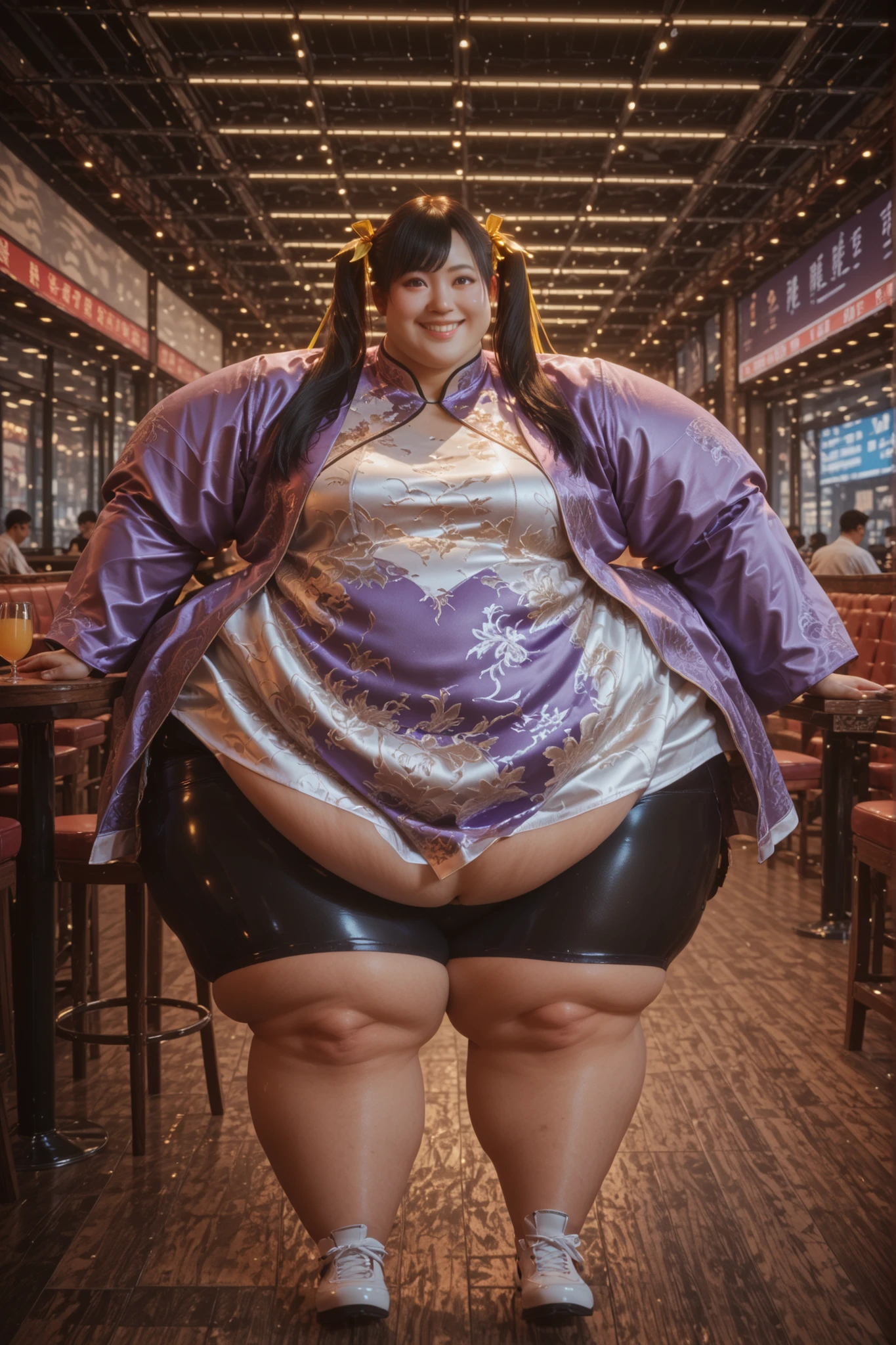 1girl, solo, masterpiece, best quality, Ling Xiaoyu, long hair, black hair, twin tails, brown eyes, Asian, shirt, long sleeves, hair ornament, ribbon, hair ribbon, open clothes, shorts, open jacket, purple jacket, purple shorts, Chinese clothes, short dress, bike shorts, China dress, yellow ribbon, hyper fat, hyper obese, full body, smile, indoors, sitting, restaurant, futuristic chair