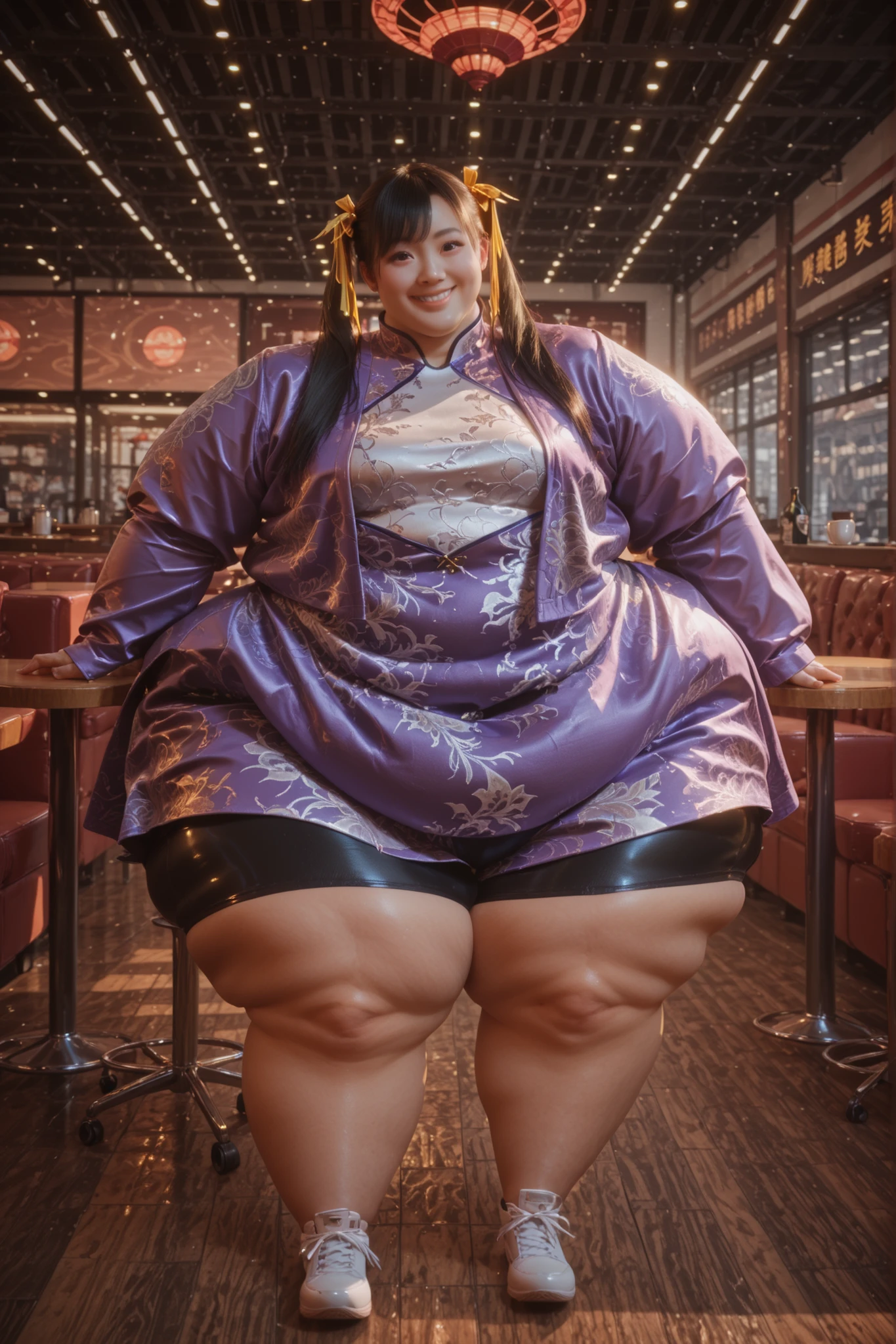 1girl, solo, masterpiece, best quality, Ling Xiaoyu, long hair, black hair, twin tails, brown eyes, Asian, shirt, long sleeves, hair ornament, ribbon, hair ribbon, open clothes, shorts, open jacket, purple jacket, purple shorts, Chinese clothes, short dress, bike shorts, China dress, yellow ribbon, hyper fat, hyper obese, full body, smile, indoors, sitting, restaurant, futuristic chair