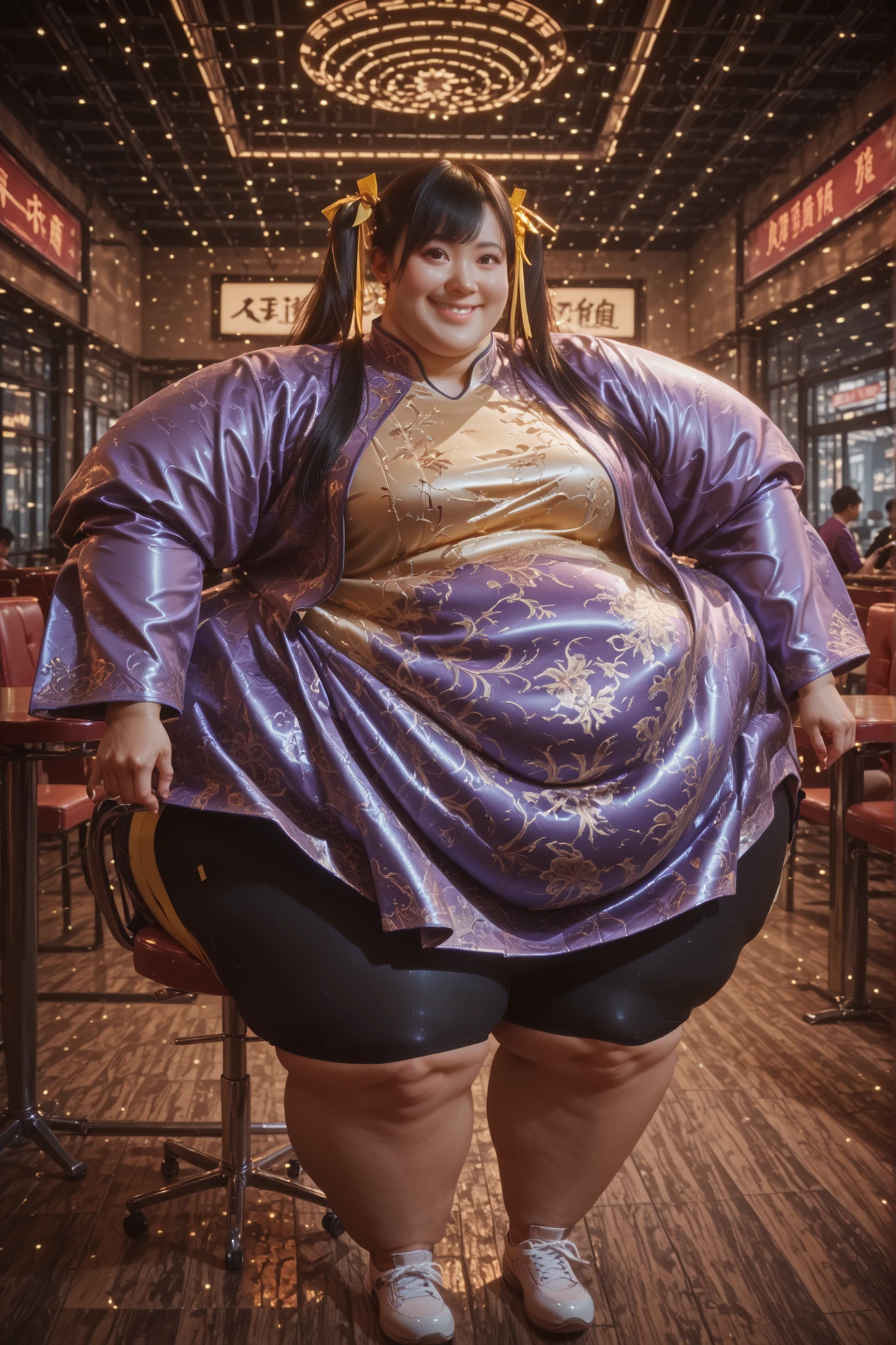 1girl, solo, masterpiece, best quality, Ling Xiaoyu, long hair, black hair, twin tails, brown eyes, Asian, shirt, long sleeves, hair ornament, ribbon, hair ribbon, open clothes, shorts, open jacket, purple jacket, purple shorts, Chinese clothes, short dress, bike shorts, China dress, yellow ribbon, hyper fat, hyper obese, full body, smile, indoors, sitting, restaurant, futuristic chair