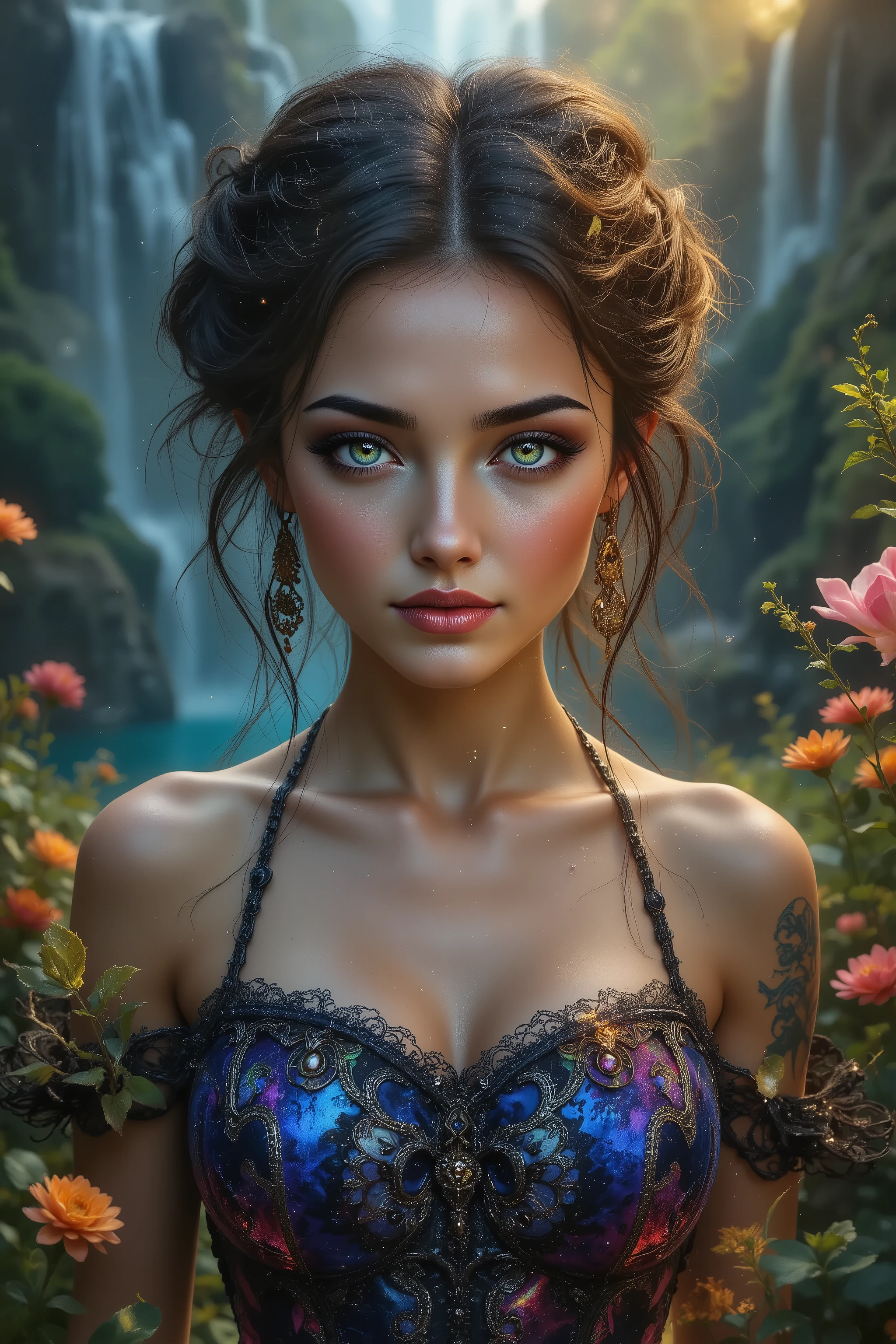 Ultra-realistic (photorealistic Realism) , "UHD, Hyper high resolution" - "(Hyper quality, intricately ultra-detailed digital art)" (Key Directive: - ("The priority is the anatomical accuracy and texture of the materials" - "Ultra-sharp human eyes with biological accuracy") (realistic texture details: velvety skin, hair), long Lashes: individual synthetic fibers (crosshatched roots:1 . 2 , clump-free separation), { "Eyes:(acid-resistant terminology) (macro-details:1.5): * Moist corneal surface (visible aqueous layer:1.2) * Hyper-detailed iris eyes (green) * Precise limbal ring (slightly darker pigmentation:1.3) * Pupil micro-texture (irregular edge authenticity:0.9) * Vasculature in sclera (subtle blue veins radiating from limbus)" } (Avoid: "pupil distortion , uncanny valley asymmetry , plastic-like wetness"),detailed portrait of a princess wearing a luxurious fur robe over a royal dress, she has a warm smile on her face, lush waterfall in the background, colorful flowers surrounding her, highly detailed, 8k, photorealistic, realistic lighting, professional digital art, dramatic fantasy style, oil painting, vibrant colors, intricate details, h4nd