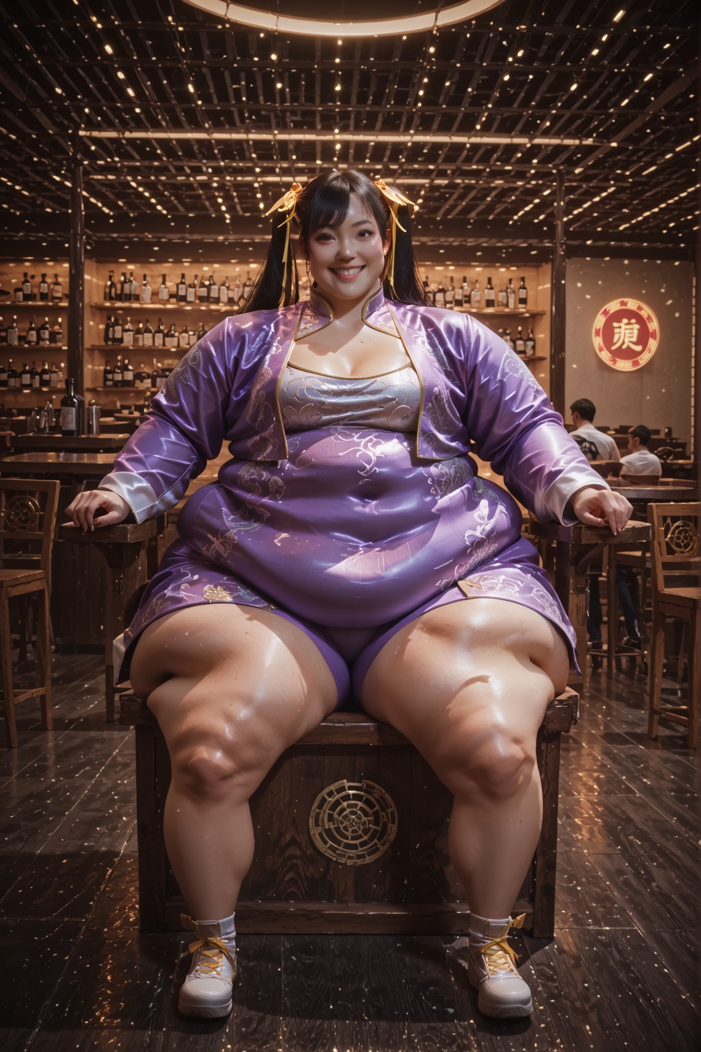 1girl, solo, masterpiece, best quality, Ling Xiaoyu, long hair, black hair, twin tails, brown eyes, Asian, shirt, long sleeves, hair ornament, ribbon, hair ribbon, open clothes, shorts, open jacket, purple jacket, purple shorts, Chinese clothes, short dress, bike shorts, China dress, yellow ribbon, hyper fat, hyper obese, full body, smile, indoors, sitting, restaurant, bw-chair, spread legs