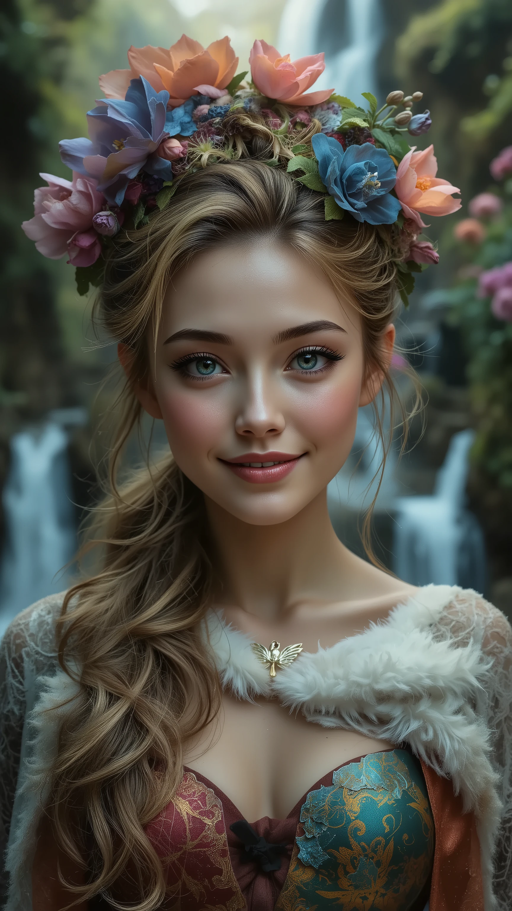  Ultra-realistic (photorealistic Realism) , "UHD, Hyper high resolution" - "(Hyper quality, intricately ultra-detailed digital art)" (Key Directive: - ("The priority is the anatomical accuracy and texture of the materials" - "Ultra-sharp human eyes with biological accuracy") (realistic texture details: velvety skin, hair), long Lashes: individual synthetic fibers (crosshatched roots:1 . 2 , clump-free separation), { "Eyes:(acid-resistant terminology) (macro-details:1.5): * Moist corneal surface (visible aqueous layer:1.2) * Hyper-detailed iris eyes (green) * Precise limbal ring (slightly darker pigmentation:1.3) * Pupil micro-texture (irregular edge authenticity:0.9) * Vasculature in sclera (subtle blue veins radiating from limbus)" } (Avoid: "pupil distortion , uncanny valley asymmetry , plastic-like wetness"),detailed portrait of a princess wearing a luxurious fur robe over a royal dress, she has a warm smile on her face, lush waterfall in the background, colorful flowers surrounding her, highly detailed, 8k, photorealistic, realistic lighting, professional digital art, dramatic fantasy style, oil painting, vibrant colors, intricate details, h4nd
