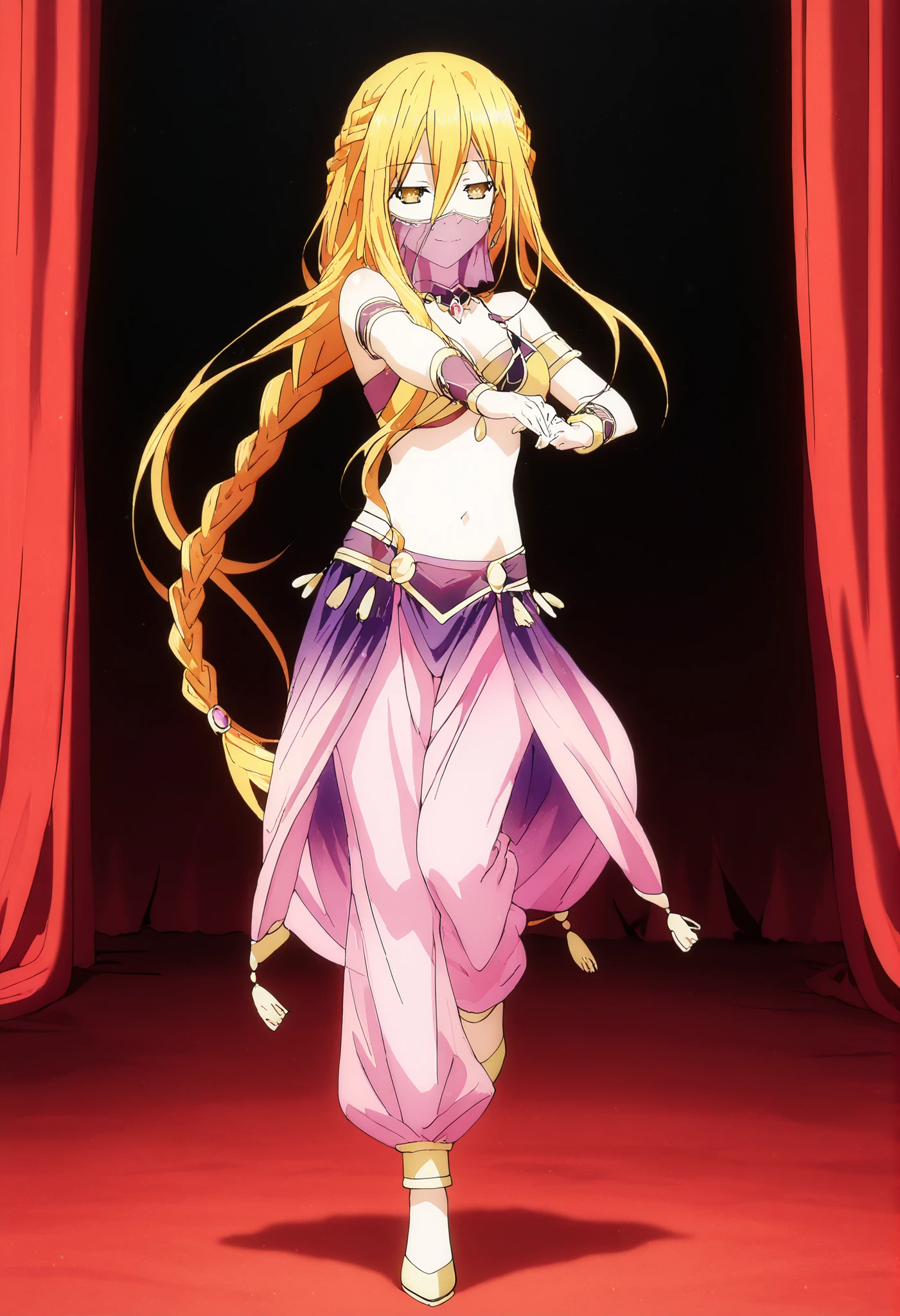 (1girl:1 . 5) , (Seul:1 . 5) , score_9 , score_8_haut , score_7_haut , source_anime , Official work  , ultra-detailed , masterpiece , best quality , high resolution , beaux yeux , detailed eyes , Detailed face , beautiful detailed eyes,1girl,long hair, blonde hair, hair between eyes, very long hair, yellow eyes, braid, hair braid,Date A Live,Mukuro Hoshimiya,Arabian Clothes , Arabian Dancer Outfit ,belly dancer costume,belly dancer outfit ,full body,golden jewelery,mouth veil,armlet, belly dancing,arabian theater,seductive smile, dancing with veil, dynamic movement,dance posture, seductive pose