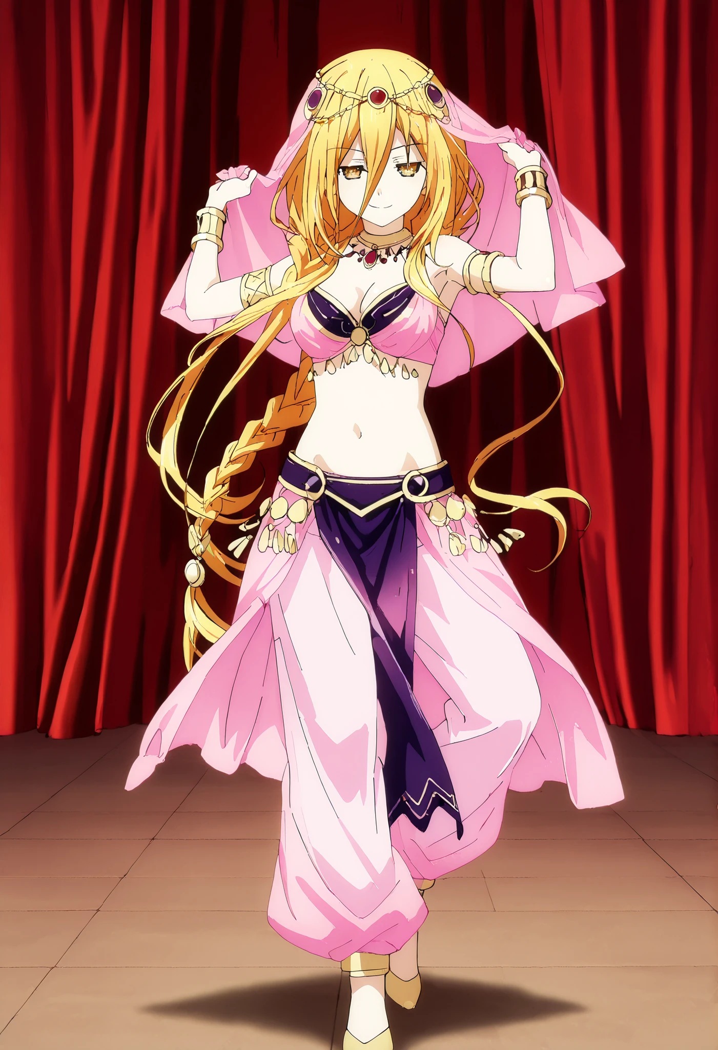 (1girl:1 . 5) , (Seul:1 . 5) , score_9 , score_8_haut , score_7_haut , source_anime , Official work  , ultra-detailed , masterpiece , best quality , high resolution , beaux yeux , detailed eyes , Detailed face , beautiful detailed eyes,1girl,long hair, blonde hair, hair between eyes, very long hair, yellow eyes, braid, hair braid,Date A Live,Mukuro Hoshimiya,Arabian Clothes , Arabian Dancer Outfit ,belly dancer costume,belly dancer outfit ,full body,golden jewelery,armlet, belly dancing,arabian theater,seductive smile, dancing with veil, dynamic movement,dance posture, seductive pose