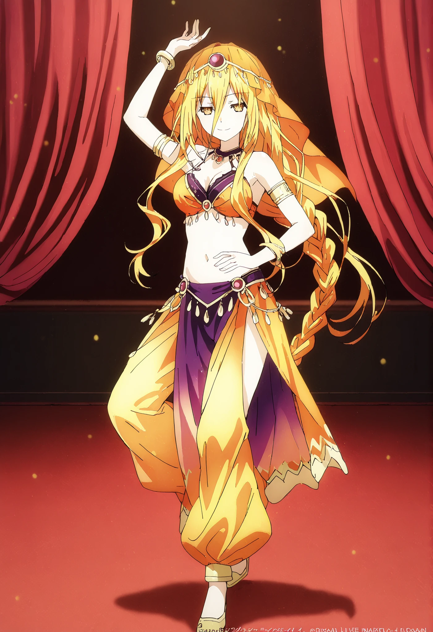 (1girl:1 . 5) , (Seul:1 . 5) , score_9 , score_8_haut , score_7_haut , source_anime , Official work  , ultra-detailed , masterpiece , best quality , high resolution , beaux yeux , detailed eyes , Detailed face , beautiful detailed eyes,1girl,long hair, blonde hair, hair between eyes, very long hair, yellow eyes, braid, hair braid,Date A Live,Mukuro Hoshimiya,Arabian Clothes , Arabian Dancer Outfit ,belly dancer costume,belly dancer outfit ,full body,golden jewelery,armlet, belly dancing,arabian theater,seductive smile, dancing with veil, dynamic movement,dance posture, seductive pose