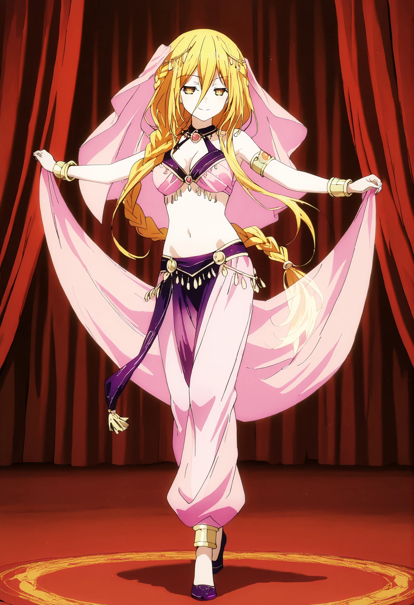 (1girl:1 . 5) , (Seul:1 . 5) , score_9 , score_8_haut , score_7_haut , source_anime , Official work  , ultra-detailed , masterpiece , best quality , high resolution , beaux yeux , detailed eyes , Detailed face , beautiful detailed eyes,1girl,long hair, blonde hair, hair between eyes, very long hair, yellow eyes, braid, hair braid,Date A Live,Mukuro Hoshimiya,Arabian Clothes , Arabian Dancer Outfit ,belly dancer costume,belly dancer outfit ,full body,golden jewelery,armlet, belly dancing,arabian theater,seductive smile, dancing with veil, dynamic movement,dance posture, seductive pose