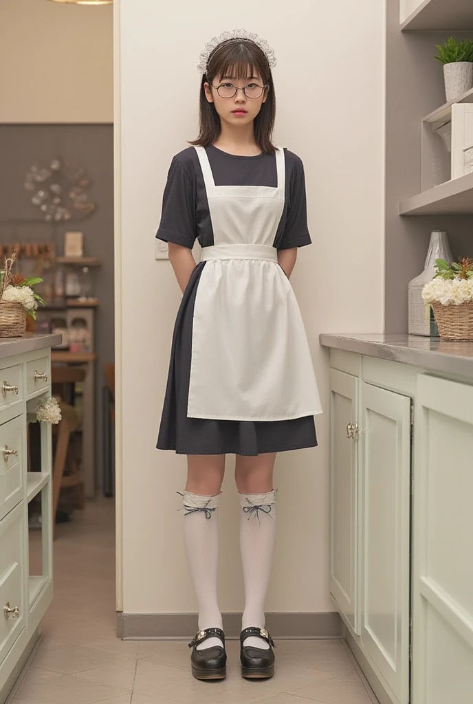 masterpiece, best quality, 4K, ultra-detailed, photorealistic, (1 girl), ((arms at sides)), (full body), (A fascinating eye for perfect detail:1.2), (smile), ((center parted hair)), (medium brown hair), (small ), ((maid uniform)), (standing), (front view)