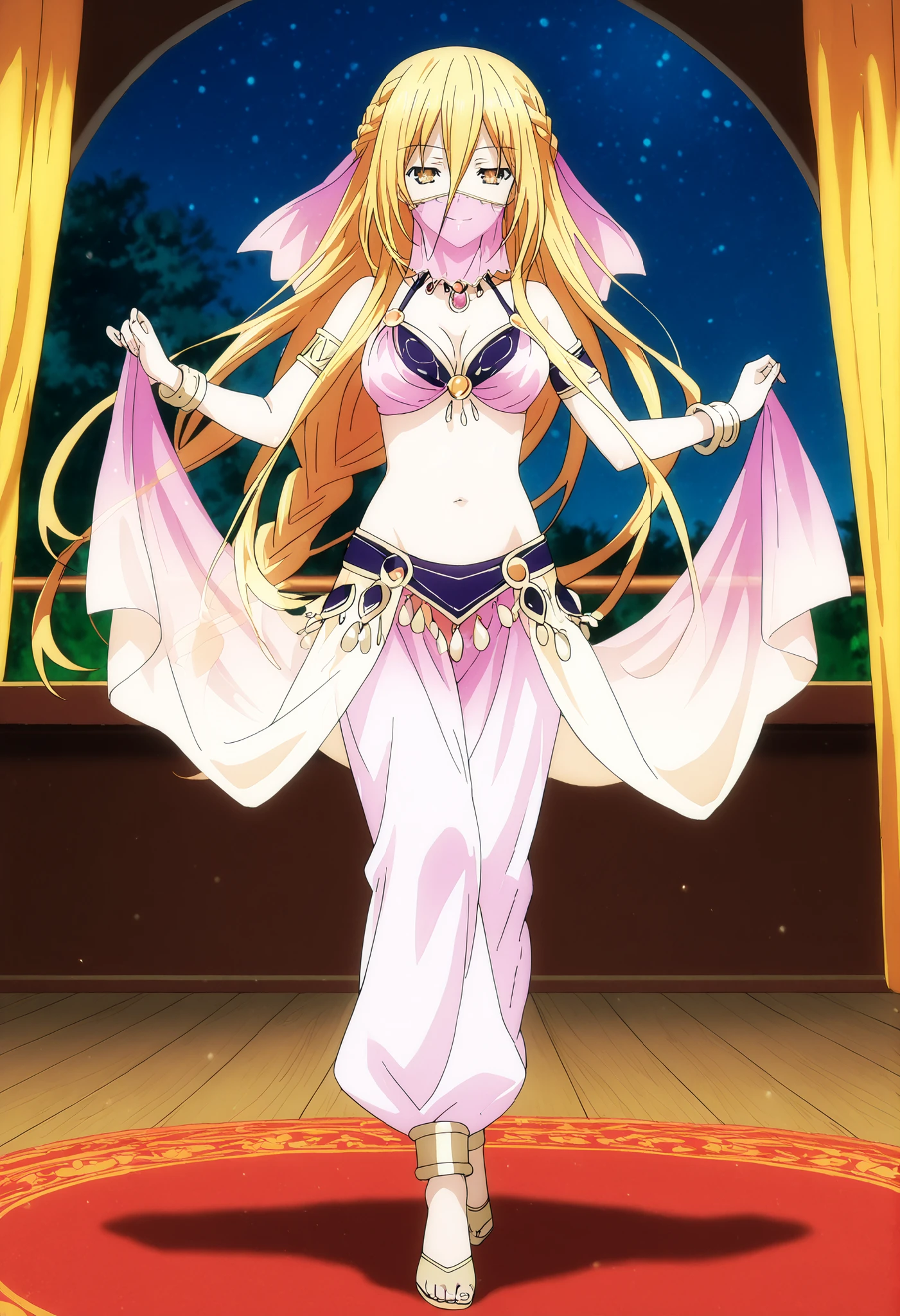 (1girl:1 . 5) , (Seul:1 . 5) , score_9 , score_8_haut , score_7_haut , source_anime , Official work  , ultra-detailed , masterpiece , best quality , high resolution , beaux yeux , detailed eyes , Detailed face , beautiful detailed eyes,1girl,long hair, blonde hair, hair between eyes, very long hair, yellow eyes, braid, hair braid,Date A Live,Mukuro Hoshimiya,Arabian Clothes , Arabian Dancer Outfit ,belly dancer costume,belly dancer outfit ,full body,golden jewelery,mouth veil,armlet, belly dancing,night,arabian garden,seductive smile, dancing with veil, dynamic movement,dance posture, seductive pose