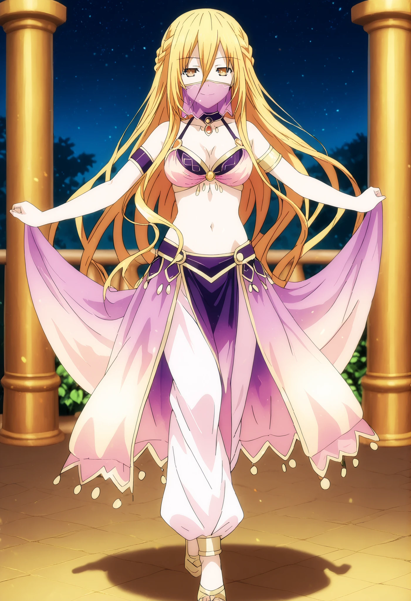 (1girl:1 . 5) , (Seul:1 . 5) , score_9 , score_8_haut , score_7_haut , source_anime , Official work  , ultra-detailed , masterpiece , best quality , high resolution , beaux yeux , detailed eyes , Detailed face , beautiful detailed eyes,1girl,long hair, blonde hair, hair between eyes, very long hair, yellow eyes, braid, hair braid,Date A Live,Mukuro Hoshimiya,Arabian Clothes , Arabian Dancer Outfit ,belly dancer costume,belly dancer outfit ,full body,golden jewelery,mouth veil,armlet, belly dancing,night,arabian garden,seductive smile, dancing with veil, dynamic movement,dance posture, seductive pose