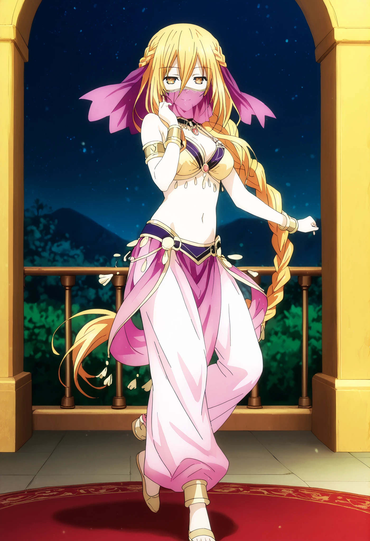(1girl:1 . 5) , (Seul:1 . 5) , score_9 , score_8_haut , score_7_haut , source_anime , Official work  , ultra-detailed , masterpiece , best quality , high resolution , beaux yeux , detailed eyes , Detailed face , beautiful detailed eyes,1girl,long hair, blonde hair, hair between eyes, very long hair, yellow eyes, braid, hair braid,Date A Live,Mukuro Hoshimiya,Arabian Clothes , Arabian Dancer Outfit ,belly dancer costume,belly dancer outfit ,full body,golden jewelery,mouth veil,armlet, belly dancing,night,arabian garden,seductive smile, dancing with veil, dynamic movement,dance posture, seductive pose