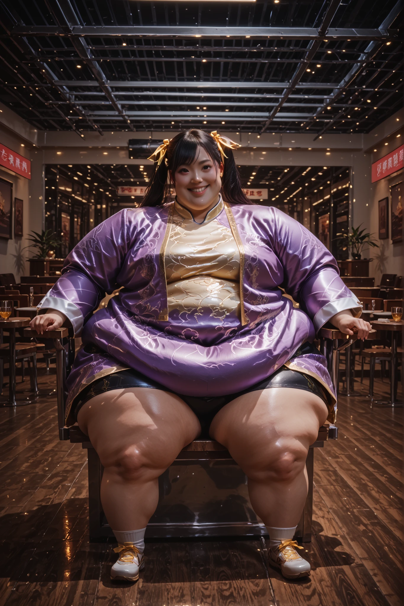 1girl, solo, masterpiece, best quality, Ling Xiaoyu, long hair, black hair, twin tails, brown eyes, Asian, shirt, long sleeves, hair ornament, ribbon, hair ribbon, open clothes, shorts, open jacket, purple jacket, purple shorts, Chinese clothes, short dress, bike shorts, China dress, yellow ribbon, hyper fat, hyper obese, morbidly obese, full body, smile, indoors, sitting, restaurant, bw-chair, mechanical chair, spread legs