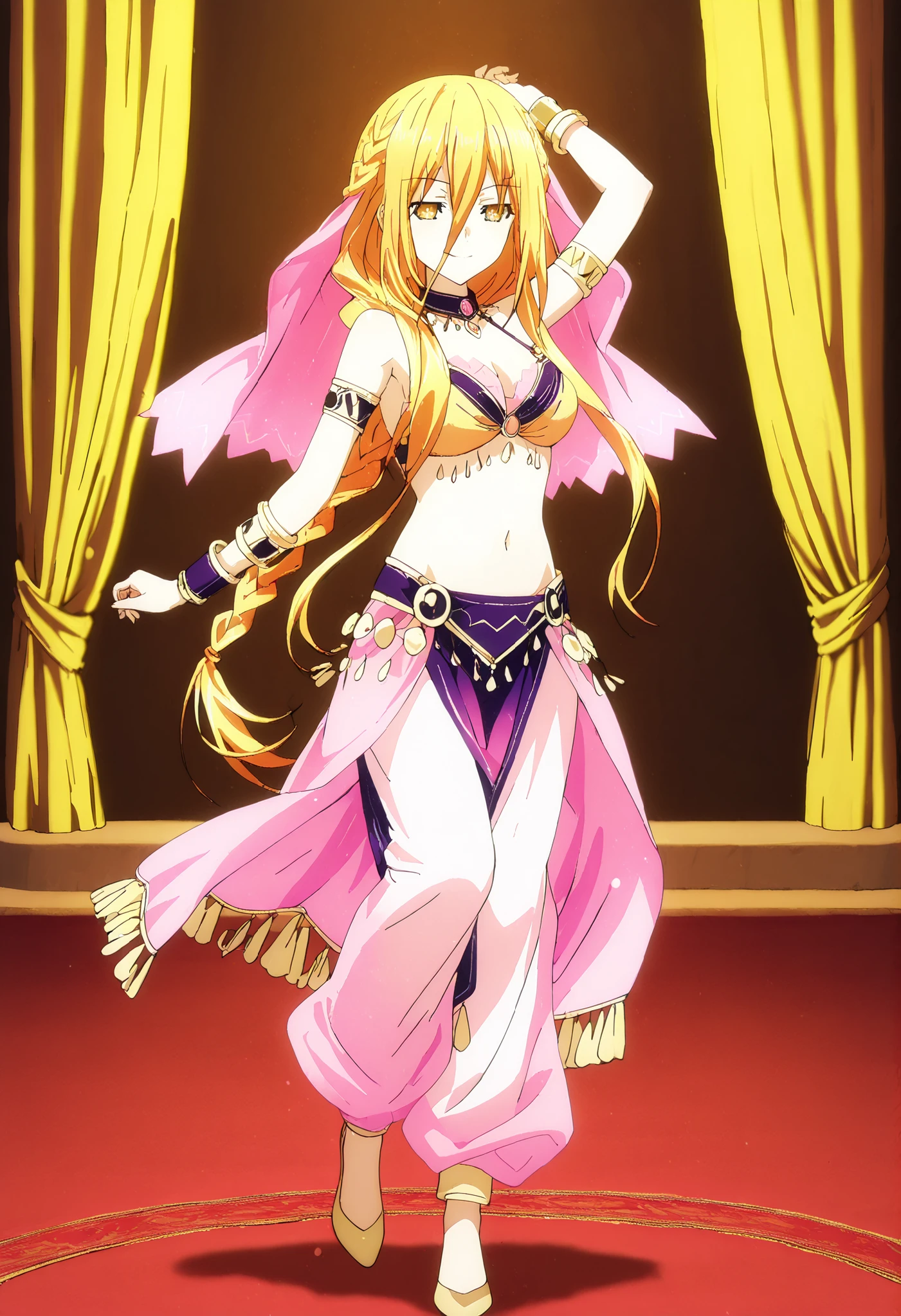 (1girl:1 . 5) , (Seul:1 . 5) , score_9 , score_8_haut , score_7_haut , source_anime , Official work  , ultra-detailed , masterpiece , best quality , high resolution , beaux yeux , detailed eyes , Detailed face , beautiful detailed eyes,1girl,long hair, blonde hair, hair between eyes, very long hair, yellow eyes, braid, hair braid,Date A Live,Mukuro Hoshimiya,Arabian Clothes , Arabian Dancer Outfit ,belly dancer costume,belly dancer outfit ,full body,golden jewelery,armlet, belly dancing,arabian garden,seductive smile, dancing with veil, dynamic movement,dance posture, seductive pose