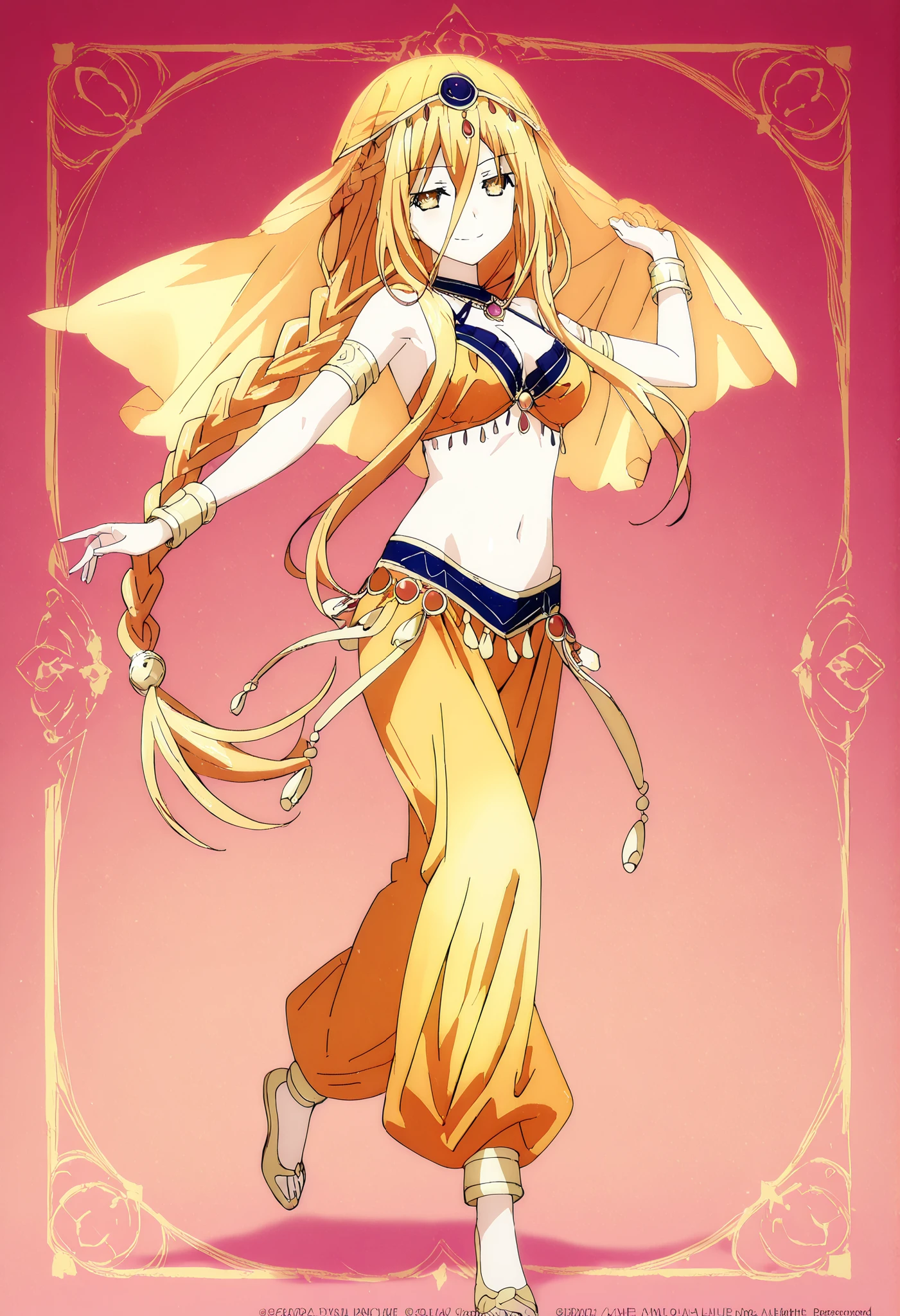 (1girl:1 . 5) , (Seul:1 . 5) , score_9 , score_8_haut , score_7_haut , source_anime , Official work  , ultra-detailed , masterpiece , best quality , high resolution , beaux yeux , detailed eyes , Detailed face , beautiful detailed eyes,1girl,long hair, blonde hair, hair between eyes, very long hair, yellow eyes, braid, hair braid,Date A Live,Mukuro Hoshimiya,Arabian Clothes , Arabian Dancer Outfit ,belly dancer costume,belly dancer outfit ,full body,golden jewelery,armlet, belly dancing,arabian garden,seductive smile, dancing with veil, dynamic movement,dance posture, seductive pose