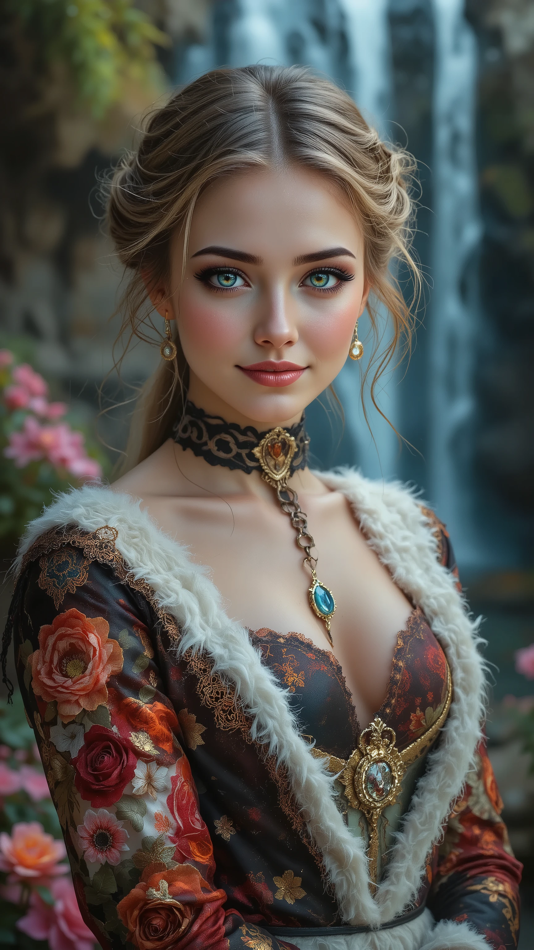 Ultra-realistic (photorealistic Realism) , "UHD, Hyper high resolution" - "(Hyper quality, intricately ultra-detailed digital art)" (Key Directive: - ("The priority is the anatomical accuracy and texture of the materials" - "Ultra-sharp human eyes with biological accuracy") (realistic texture details: velvety skin, hair), long Lashes: individual synthetic fibers (crosshatched roots:1 . 2 , clump-free separation), { "Eyes:(acid-resistant terminology) (macro-details:1.5): * Moist corneal surface (visible aqueous layer:1.2) * Hyper-detailed iris eyes (green) * Precise limbal ring (slightly darker pigmentation:1.3) * Pupil micro-texture (irregular edge authenticity:0.9) * Vasculature in sclera (subtle blue veins radiating from limbus)" } (Avoid: "pupil distortion , uncanny valley asymmetry , plastic-like wetness"),detailed portrait of a princess wearing a luxurious fur robe over a royal dress, she has a warm smile on her face, lush waterfall in the background, colorful flowers surrounding her, highly detailed, 8k, photorealistic, realistic lighting, professional digital art, dramatic fantasy style, oil painting, vibrant colors, intricate details, h4nd