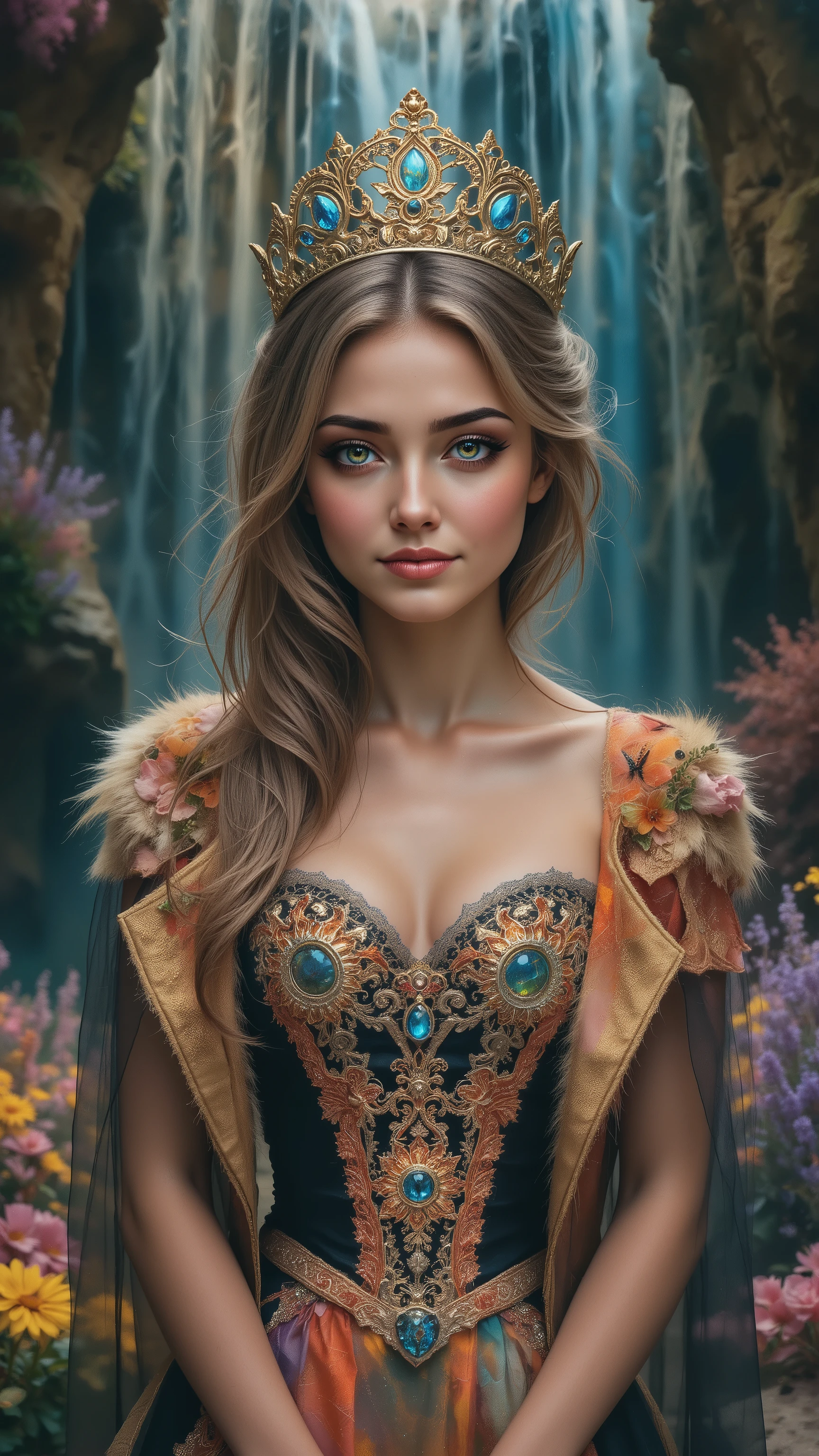 Ultra-realistic (photorealistic Realism) , "UHD, Hyper high resolution" - "(Hyper quality, intricately ultra-detailed digital art)" (Key Directive: - ("The priority is the anatomical accuracy and texture of the materials" - "Ultra-sharp human eyes with biological accuracy") (realistic texture details: velvety skin, hair), long Lashes: individual synthetic fibers (crosshatched roots:1 . 2 , clump-free separation), { "Eyes:(acid-resistant terminology) (macro-details:1.5): * Moist corneal surface (visible aqueous layer:1.2) * Hyper-detailed iris eyes (green) * Precise limbal ring (slightly darker pigmentation:1.3) * Pupil micro-texture (irregular edge authenticity:0.9) * Vasculature in sclera (subtle blue veins radiating from limbus)" } (Avoid: "pupil distortion , uncanny valley asymmetry , plastic-like wetness"),detailed portrait of a princess wearing a luxurious fur robe over a royal dress, she has a warm smile on her face, lush waterfall in the background, colorful flowers surrounding her, highly detailed, 8k, photorealistic, realistic lighting, professional digital art, dramatic fantasy style, oil painting, vibrant colors, intricate details, h4nd