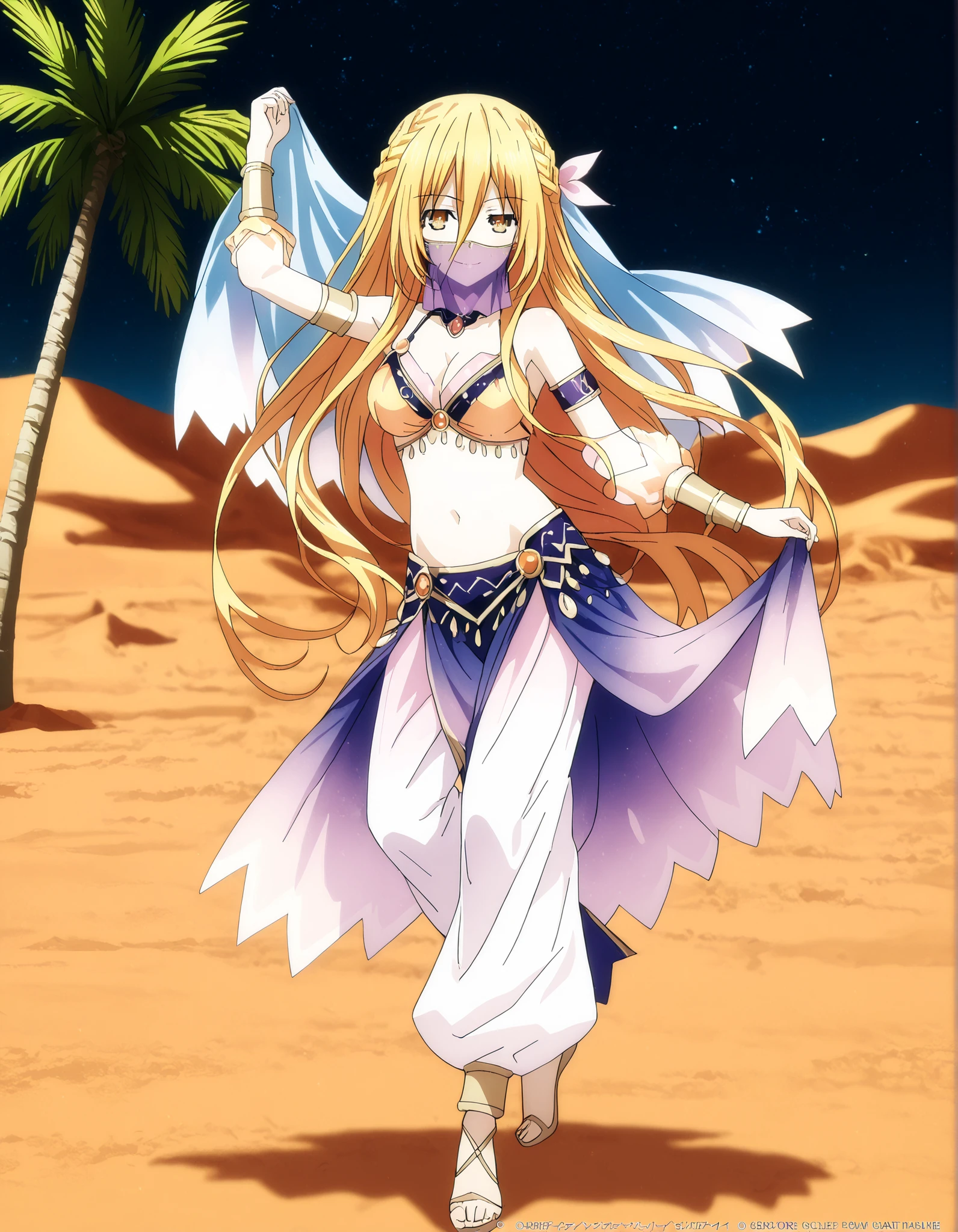 (1girl:1 . 5) , (Seul:1 . 5) , score_9 , score_8_haut , score_7_haut , source_anime , Official work  , ultra-detailed , masterpiece , best quality , high resolution , beaux yeux , detailed eyes , Detailed face , beautiful detailed eyes,1girl,long hair, blonde hair, hair between eyes, very long hair, yellow eyes, braid, hair braid,Date A Live,Mukuro Hoshimiya,Arabian Clothes , Arabian Dancer Outfit ,belly dancer costume,belly dancer outfit ,full body,golden jewelery,mouth veil,armlet, belly dancing,night,desert lands,palm tree,seductive smile, dancing with veil, dynamic movement,dance posture, seductive pose
