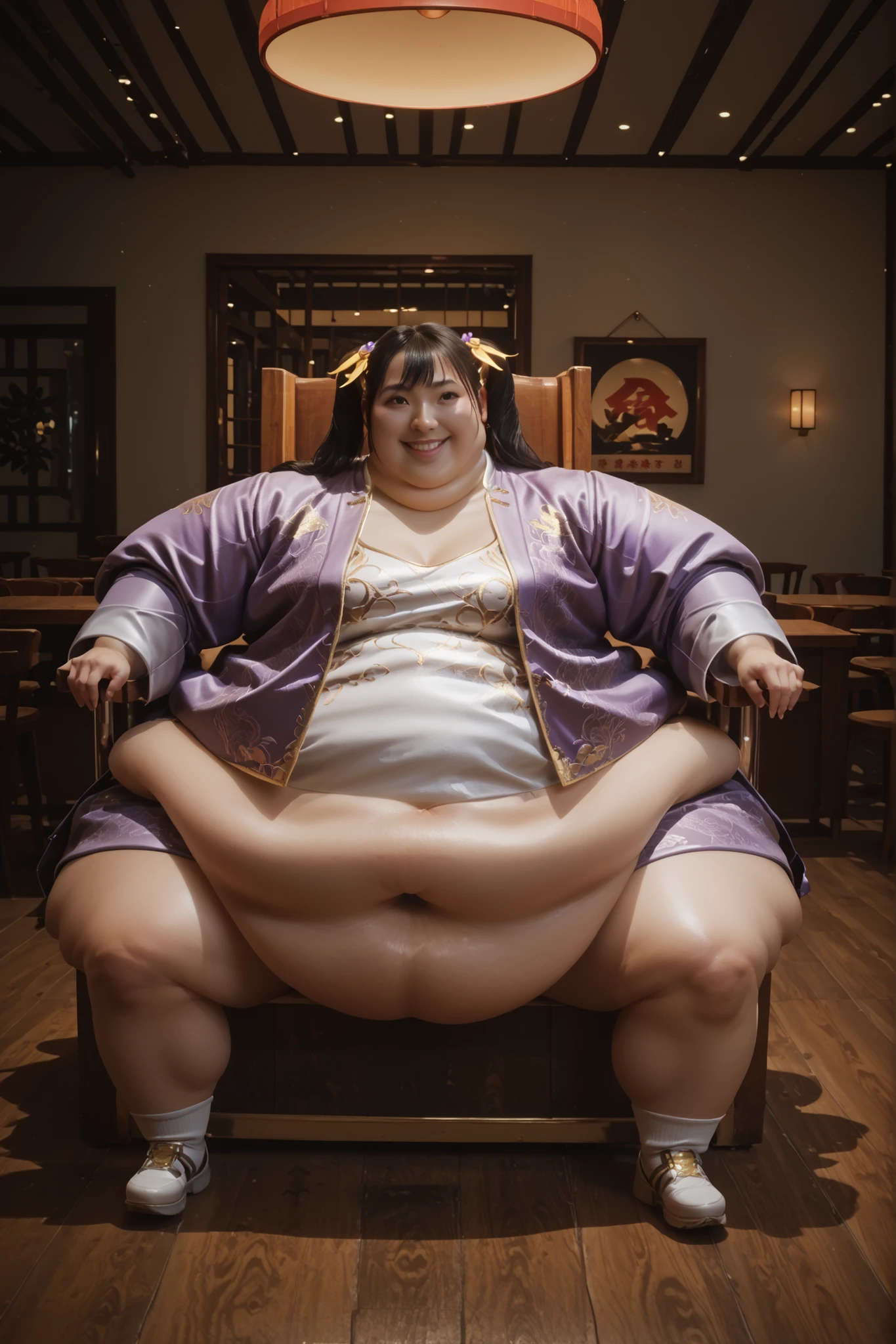 1girl, solo, masterpiece, best quality, Ling Xiaoyu, long hair, black hair, twin tails, brown eyes, Asian, shirt, long sleeves, hair ornament, ribbon, hair ribbon, open clothes, shorts, open jacket, purple jacket, purple shorts, Chinese clothes, short dress, bike shorts, China dress, yellow ribbon, hyper fat, hyper obese, morbidly obese, full body, smile, indoors, sitting, restaurant, bw-chair, mechanical chair, spread legs