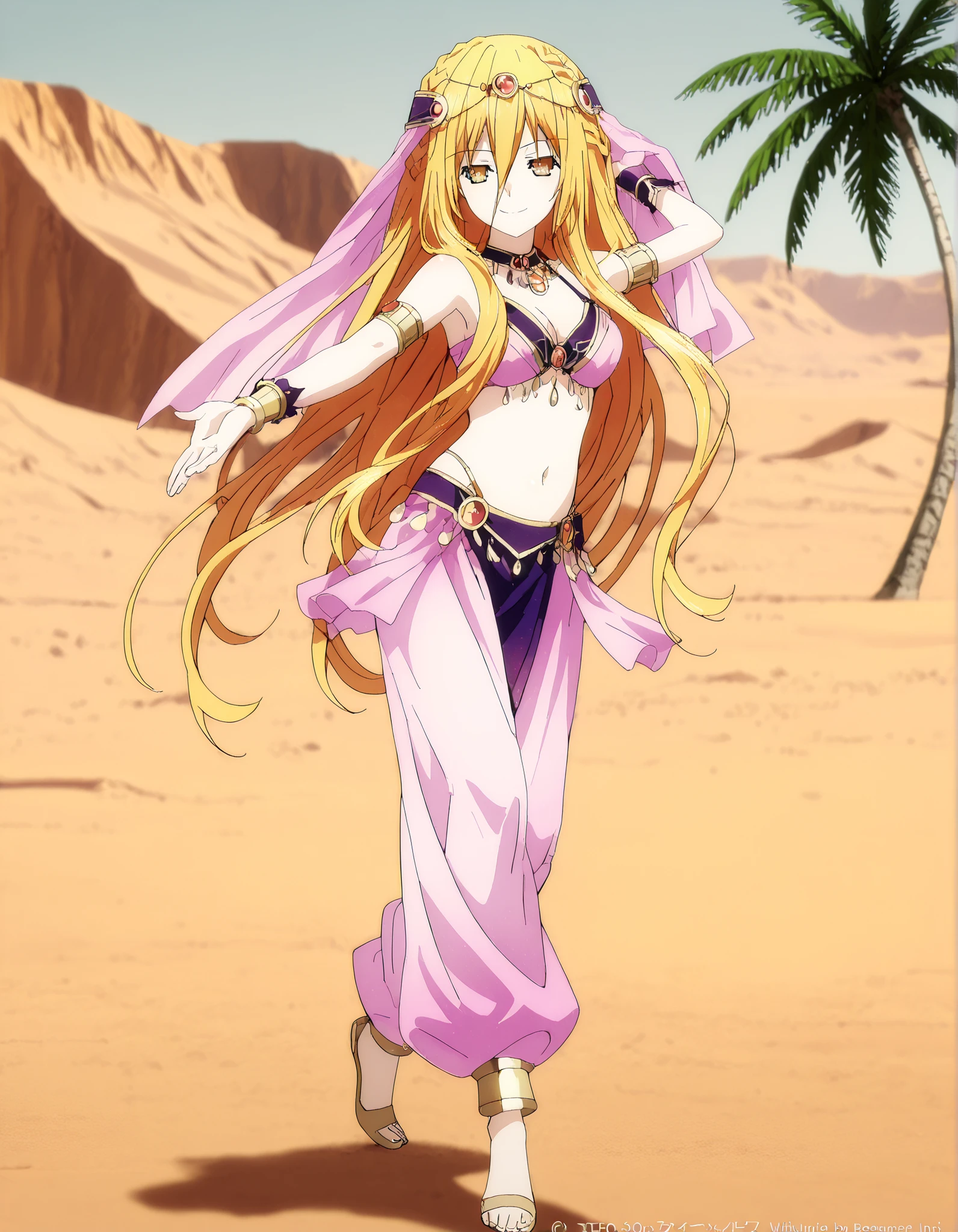 (1girl:1 . 5) , (Seul:1 . 5) , score_9 , score_8_haut , score_7_haut , source_anime , Official work  , ultra-detailed , masterpiece , best quality , high resolution , beaux yeux , detailed eyes , Detailed face , beautiful detailed eyes,1girl,long hair, blonde hair, hair between eyes, very long hair, yellow eyes, braid, hair braid,Date A Live,Mukuro Hoshimiya,Arabian Clothes , Arabian Dancer Outfit ,belly dancer costume,belly dancer outfit ,full body,golden jewelery,armlet, belly dancing,desert lands,palm tree,seductive smile, dancing with veil, dynamic movement,dance posture, seductive pose