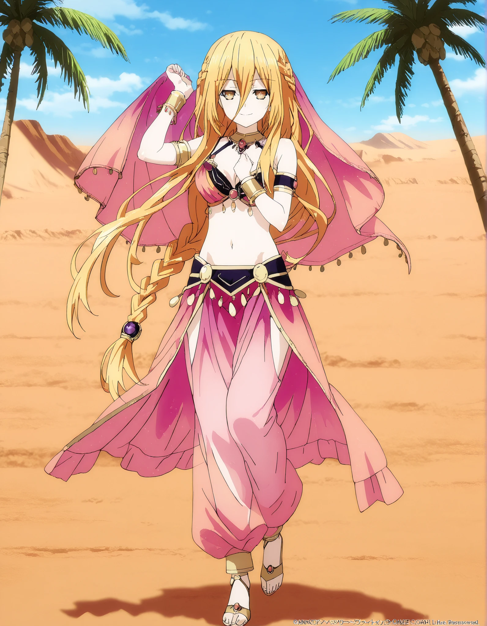 (1girl:1 . 5) , (Seul:1 . 5) , score_9 , score_8_haut , score_7_haut , source_anime , Official work , ultra-detailed , masterpiece , best quality , high resolution , beaux yeux , detailed eyes , Detailed face , beautiful detailed eyes,1girl,long hair, blonde hair, hair between eyes, very long hair, yellow eyes, braid, hair braid,Date A Live,Mukuro Hoshimiya,Arabian Clothes , Arabian Dancer Outfit ,belly dancer costume,belly dancer outfit ,full body,golden jewelery,armlet, belly dancing,desert lands,palm tree,seductive smile, dancing with veil, dynamic movement,dance posture, seductive pose