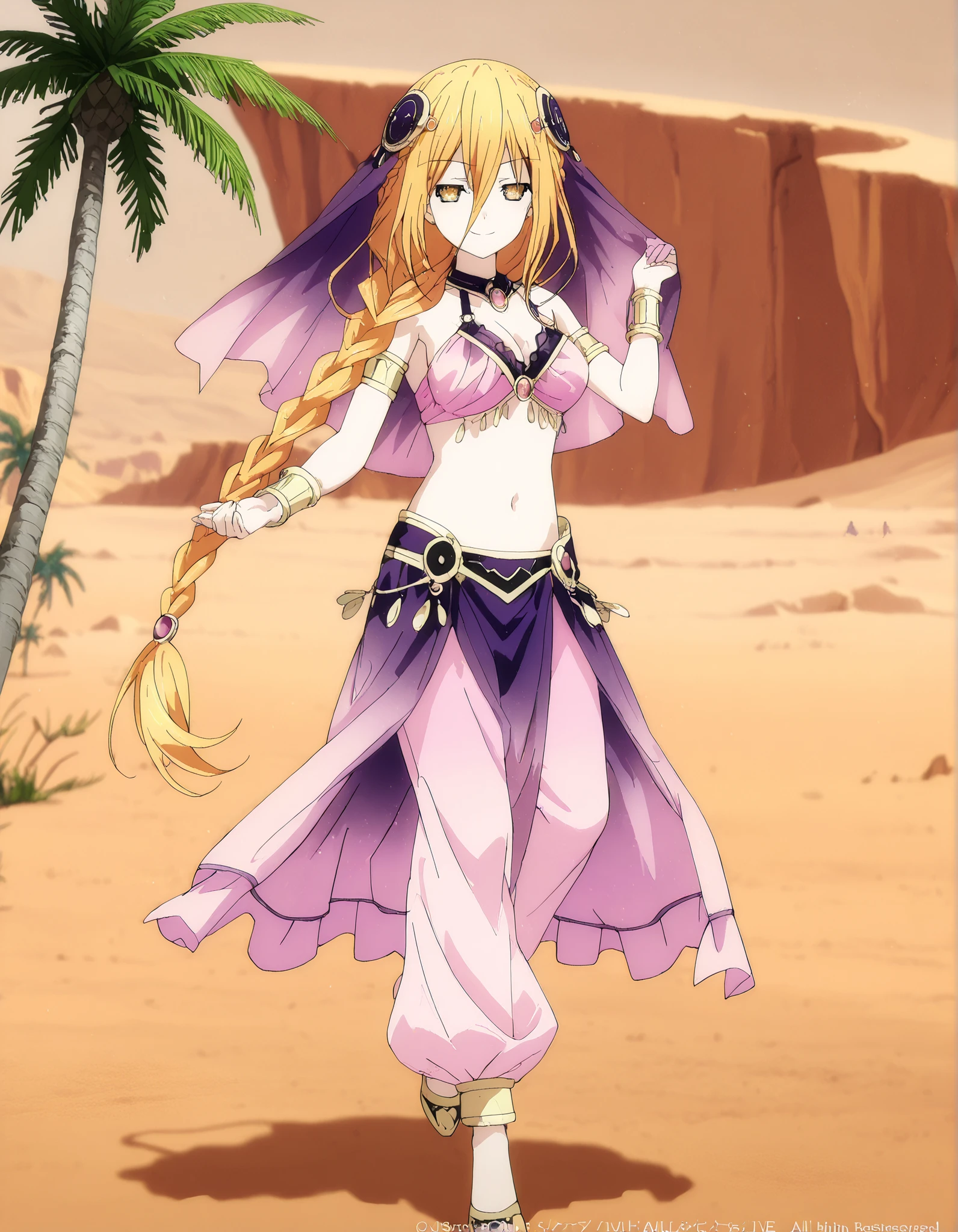 (1girl:1 . 5) , (Seul:1 . 5) , score_9 , score_8_haut , score_7_haut , source_anime , Official work  , ultra-detailed , masterpiece , best quality , high resolution , beaux yeux , detailed eyes , Detailed face , beautiful detailed eyes,1girl,long hair, blonde hair, hair between eyes, very long hair, yellow eyes, braid, hair braid,Date A Live,Mukuro Hoshimiya,Arabian Clothes , Arabian Dancer Outfit ,belly dancer costume,belly dancer outfit ,full body,golden jewelery,armlet, belly dancing,desert lands,palm tree,seductive smile, dancing with veil, dynamic movement,dance posture, seductive pose