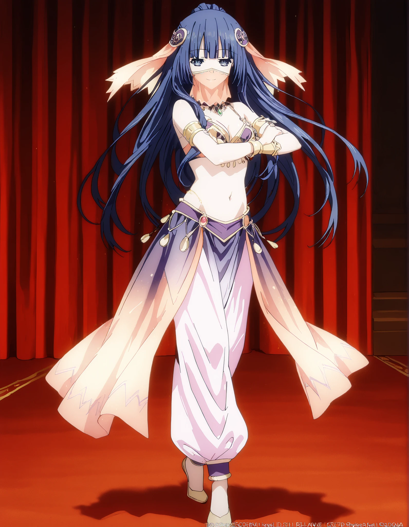 (1girl:1 . 5) , (Seul:1 . 5) , score_9 , score_8_haut , score_7_haut , source_anime , Official work  , ultra-detailed , masterpiece , best quality , high resolution , beaux yeux , detailed eyes , Detailed face , beautiful detailed eyes,1girl, bangs, blunt bangs, hime cut, hair ornament, long hair, blue eyes, blue hair,Date A Live,Miku Izayoi,Arabian Clothes , Arabian Dancer Outfit ,belly dancer costume,belly dancer outfit ,full body,golden jewelery,mouth veil,armlet, belly dancing,arabian theater,seductive smile, dancing with veil, dynamic movement,dance posture, seductive pose