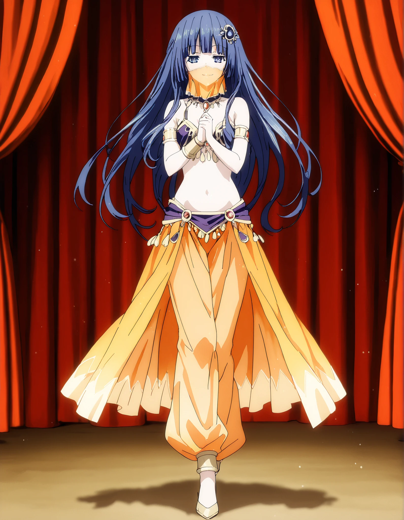 (1girl:1 . 5) , (Seul:1 . 5) , score_9 , score_8_haut , score_7_haut , source_anime , Official work  , ultra-detailed , masterpiece , best quality , high resolution , beaux yeux , detailed eyes , Detailed face , beautiful detailed eyes,1girl, bangs, blunt bangs, hime cut, hair ornament, long hair, blue eyes, blue hair,Date A Live,Miku Izayoi,Arabian Clothes , Arabian Dancer Outfit ,belly dancer costume,belly dancer outfit ,full body,golden jewelery,mouth veil,armlet, belly dancing,arabian theater,seductive smile, dancing with veil, dynamic movement,dance posture, seductive pose