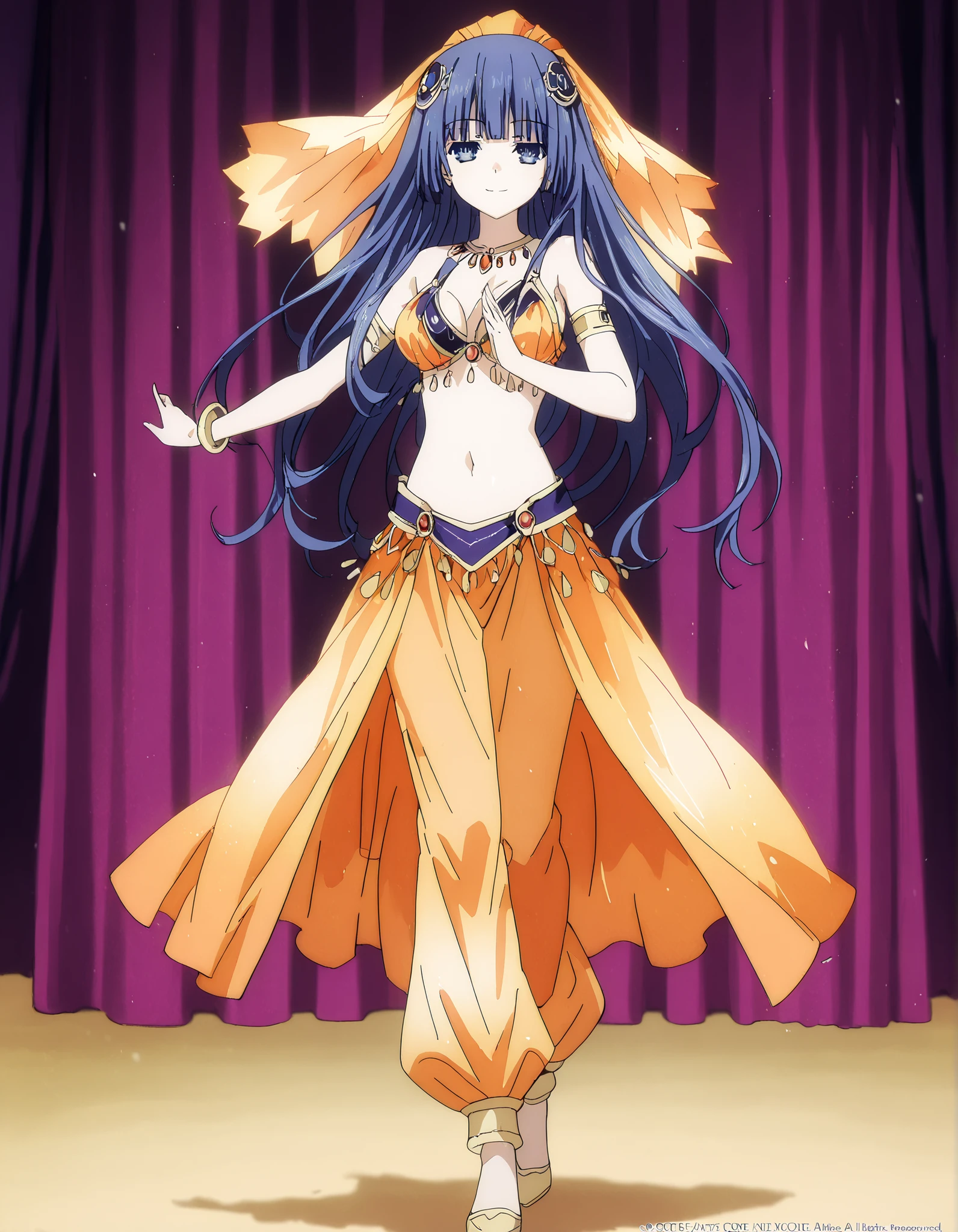 (1girl:1 . 5) , (Seul:1 . 5) , score_9 , score_8_haut , score_7_haut , source_anime , Official work  , ultra-detailed , masterpiece , best quality , high resolution , beaux yeux , detailed eyes , Detailed face , beautiful detailed eyes,1girl, bangs, blunt bangs, hime cut, hair ornament, long hair, blue eyes, blue hair,Date A Live,Miku Izayoi,Arabian Clothes , Arabian Dancer Outfit ,belly dancer costume,belly dancer outfit ,full body,golden jewelery,armlet, belly dancing,arabian theater,seductive smile, dancing with veil, dynamic movement,dance posture, seductive pose