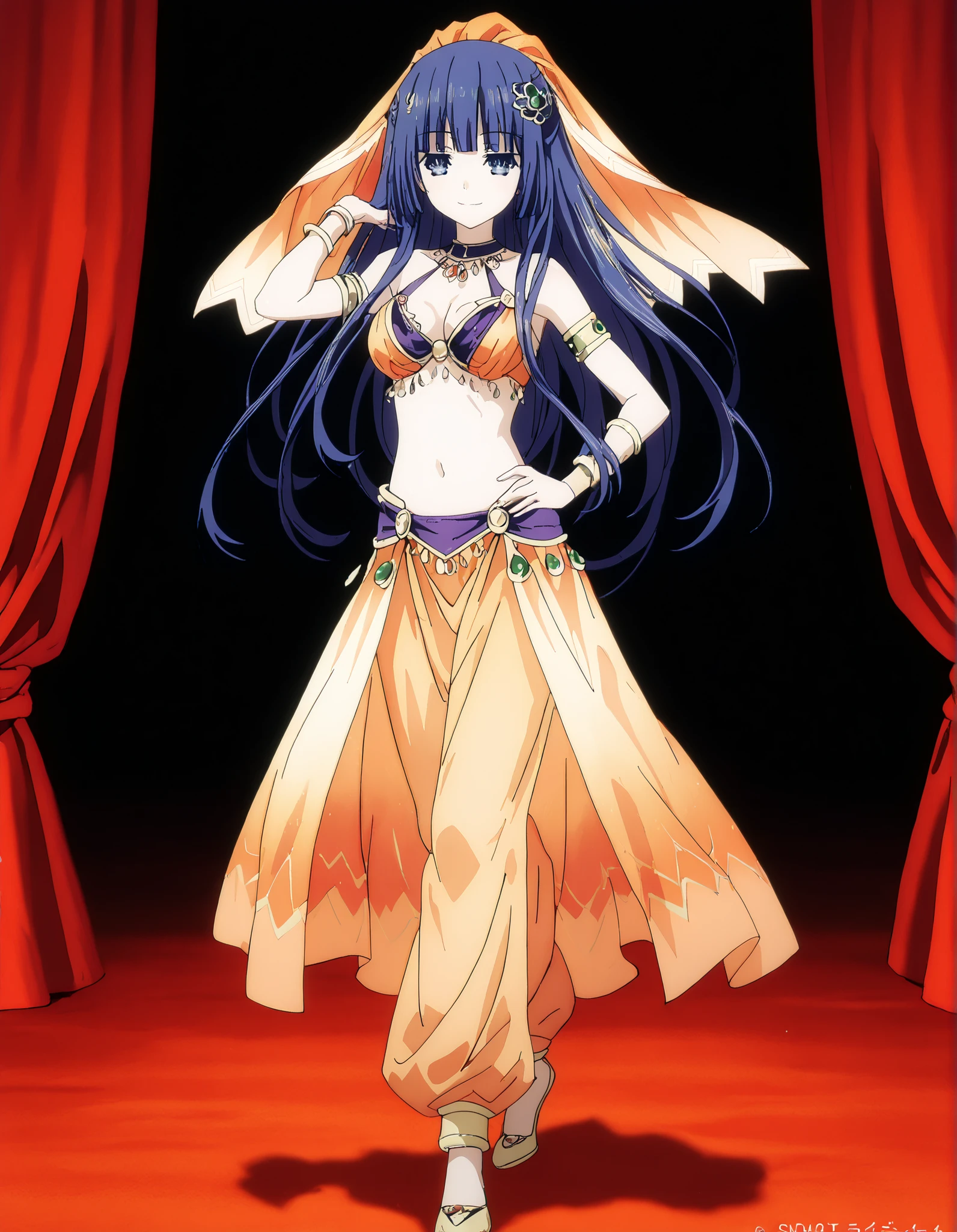 (1girl:1 . 5) , (Seul:1 . 5) , score_9 , score_8_haut , score_7_haut , source_anime , Official work  , ultra-detailed , masterpiece , best quality , high resolution , beaux yeux , detailed eyes , Detailed face , beautiful detailed eyes,1girl, bangs, blunt bangs, hime cut, hair ornament, long hair, blue eyes, blue hair,Date A Live,Miku Izayoi,Arabian Clothes , Arabian Dancer Outfit ,belly dancer costume,belly dancer outfit ,full body,golden jewelery,armlet, belly dancing,arabian theater,seductive smile, dancing with veil, dynamic movement,dance posture, seductive pose