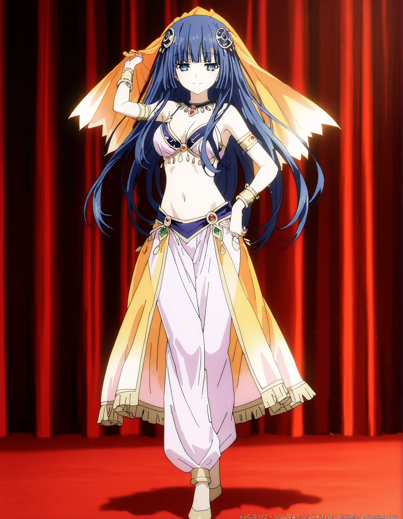 (1girl:1 . 5) , (Seul:1 . 5) , score_9 , score_8_haut , score_7_haut , source_anime , Official work  , ultra-detailed , masterpiece , best quality , high resolution , beaux yeux , detailed eyes , Detailed face , beautiful detailed eyes,1girl, bangs, blunt bangs, hime cut, hair ornament, long hair, blue eyes, blue hair,Date A Live,Miku Izayoi,Arabian Clothes , Arabian Dancer Outfit ,belly dancer costume,belly dancer outfit ,full body,golden jewelery,armlet, belly dancing,arabian theater,seductive smile, dancing with veil, dynamic movement,dance posture, seductive pose