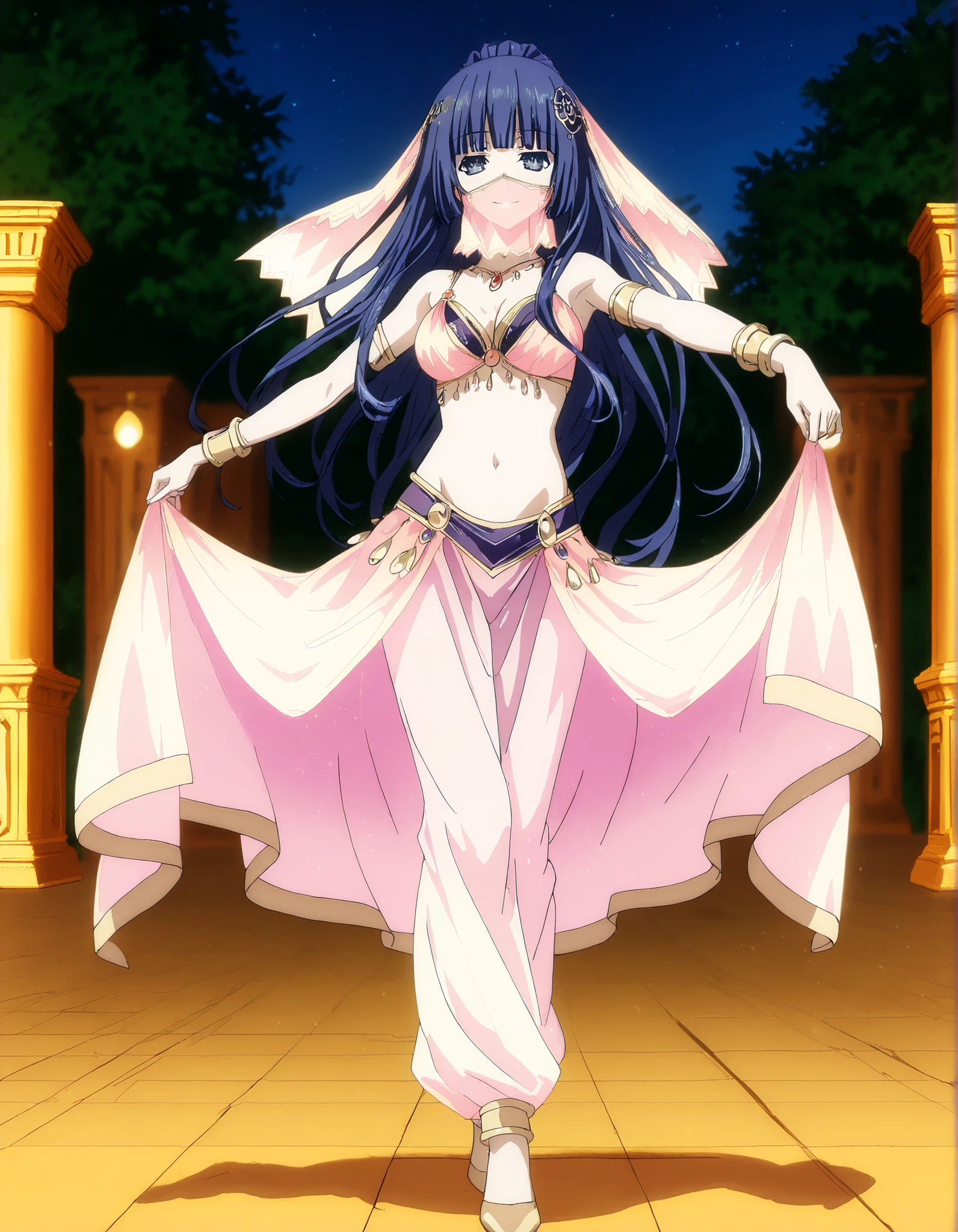(1girl:1 . 5) , (Seul:1 . 5) , score_9 , score_8_haut , score_7_haut , source_anime , Official work  , ultra-detailed , masterpiece , best quality , high resolution , beaux yeux , detailed eyes , Detailed face , beautiful detailed eyes,1girl, bangs, blunt bangs, hime cut, hair ornament, long hair, blue eyes, blue hair,Date A Live,Miku Izayoi,Arabian Clothes , Arabian Dancer Outfit ,belly dancer costume,belly dancer outfit ,full body,golden jewelery,mouth veil,armlet, belly dancing,night,arabian garden,seductive smile, dancing with veil, dynamic movement,dance posture, seductive pose