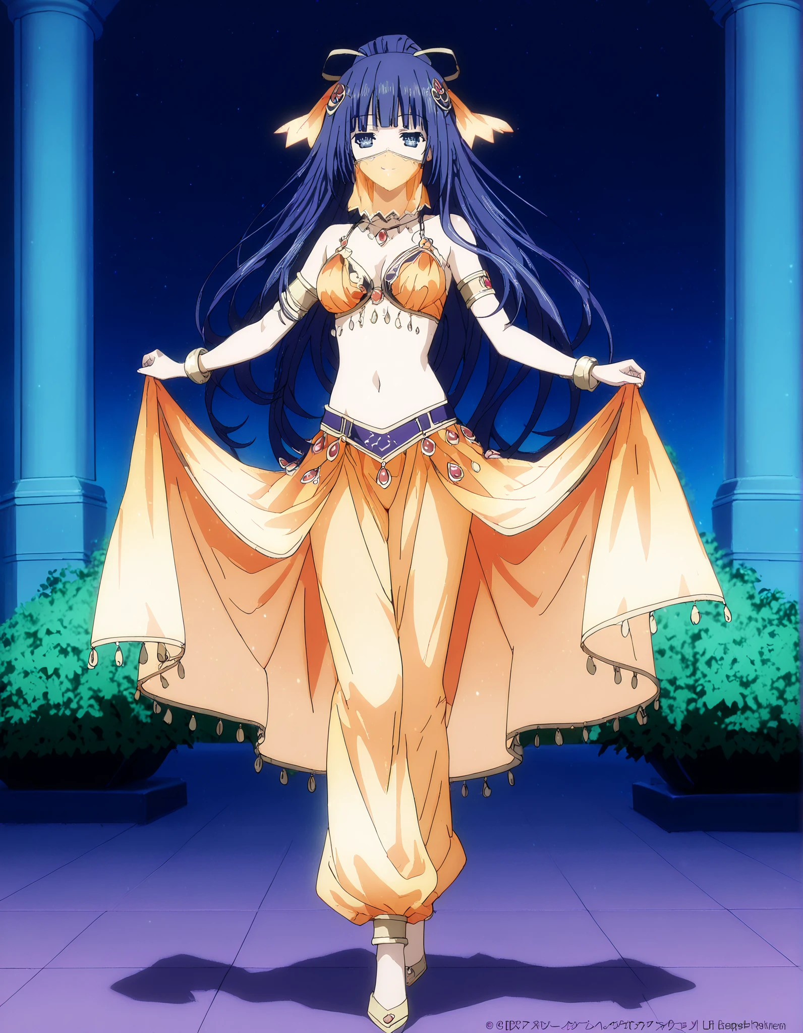 (1girl:1 . 5) , (Seul:1 . 5) , score_9 , score_8_haut , score_7_haut , source_anime , Official work  , ultra-detailed , masterpiece , best quality , high resolution , beaux yeux , detailed eyes , Detailed face , beautiful detailed eyes,1girl, bangs, blunt bangs, hime cut, hair ornament, long hair, blue eyes, blue hair,Date A Live,Miku Izayoi,Arabian Clothes , Arabian Dancer Outfit ,belly dancer costume,belly dancer outfit ,full body,golden jewelery,mouth veil,armlet, belly dancing,night,arabian garden,seductive smile, dancing with veil, dynamic movement,dance posture, seductive pose