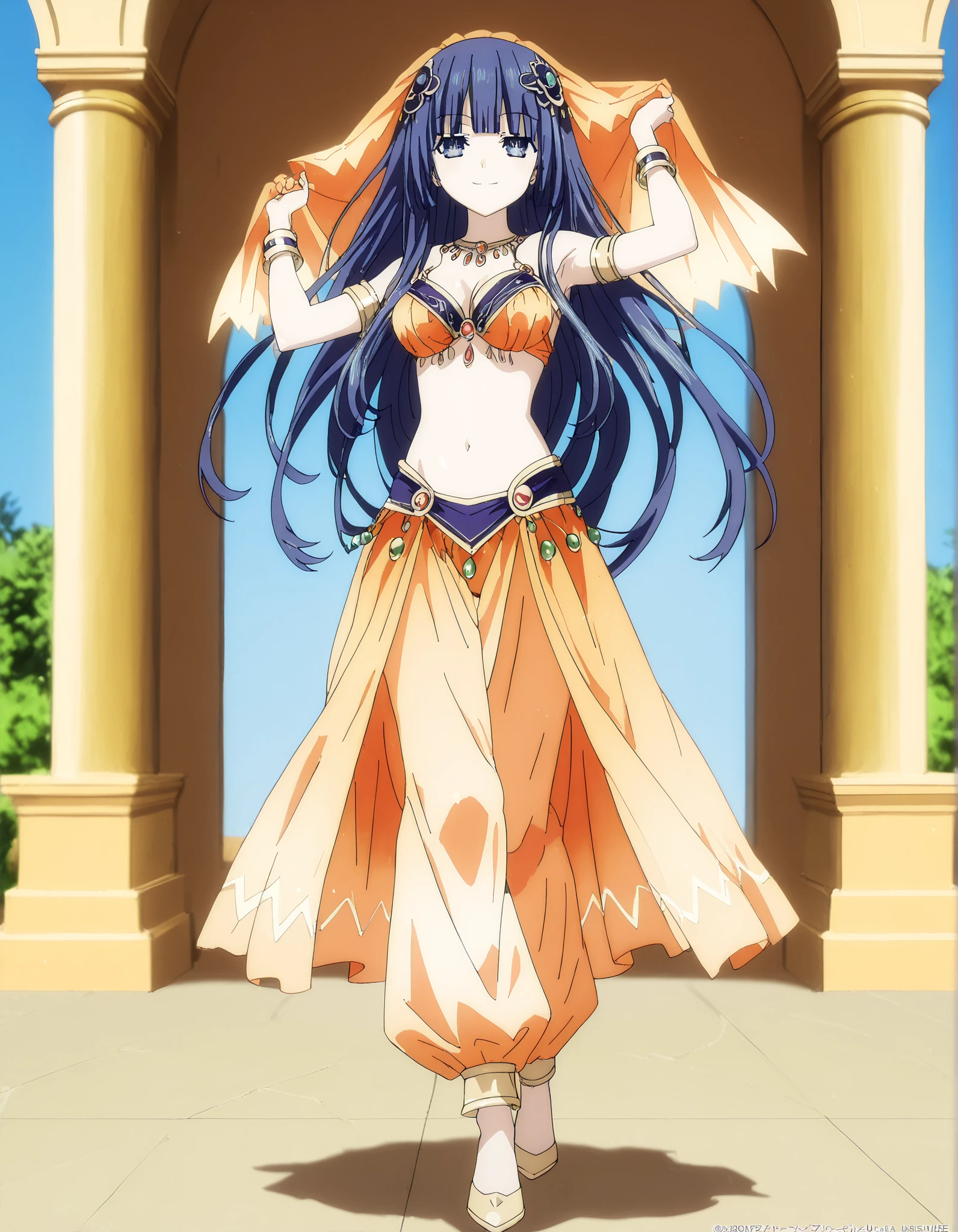 (1girl:1 . 5) , (Seul:1 . 5) , score_9 , score_8_haut , score_7_haut , source_anime , Official work  , ultra-detailed , masterpiece , best quality , high resolution , beaux yeux , detailed eyes , Detailed face , beautiful detailed eyes,1girl, bangs, blunt bangs, hime cut, hair ornament, long hair, blue eyes, blue hair,Date A Live,Miku Izayoi,Arabian Clothes , Arabian Dancer Outfit ,belly dancer costume,belly dancer outfit ,full body,golden jewelery,armlet, belly dancing,arabian garden,seductive smile, dancing with veil, dynamic movement,dance posture, seductive pose