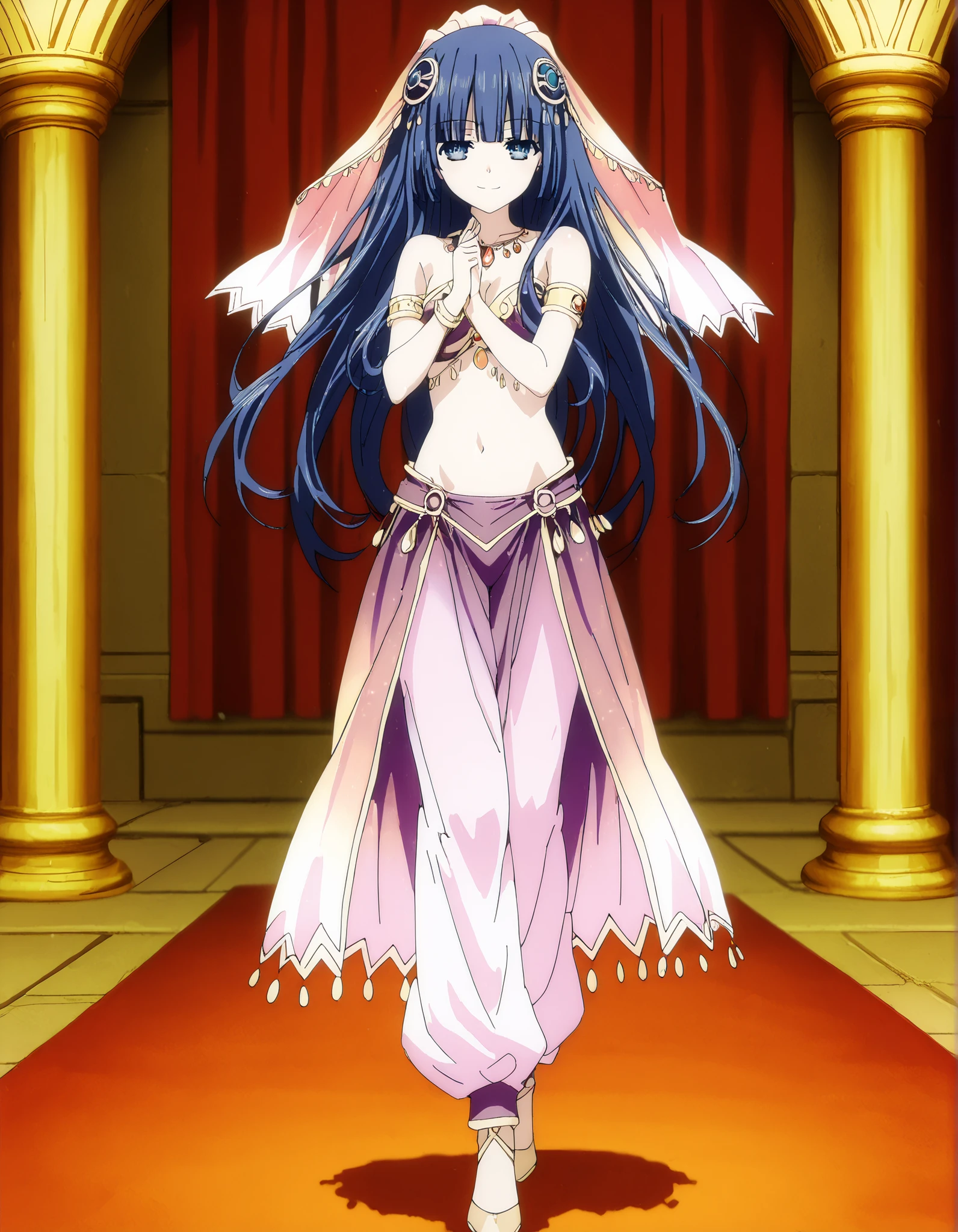 (1girl:1 . 5) , (Seul:1 . 5) , score_9 , score_8_haut , score_7_haut , source_anime , Official work  , ultra-detailed , masterpiece , best quality , high resolution , beaux yeux , detailed eyes , Detailed face , beautiful detailed eyes,1girl, bangs, blunt bangs, hime cut, hair ornament, long hair, blue eyes, blue hair,Date A Live,Miku Izayoi,Arabian Clothes , Arabian Dancer Outfit ,belly dancer costume,belly dancer outfit ,full body,golden jewelery,armlet, belly dancing,arabian garden,seductive smile, dancing with veil, dynamic movement,dance posture, seductive pose