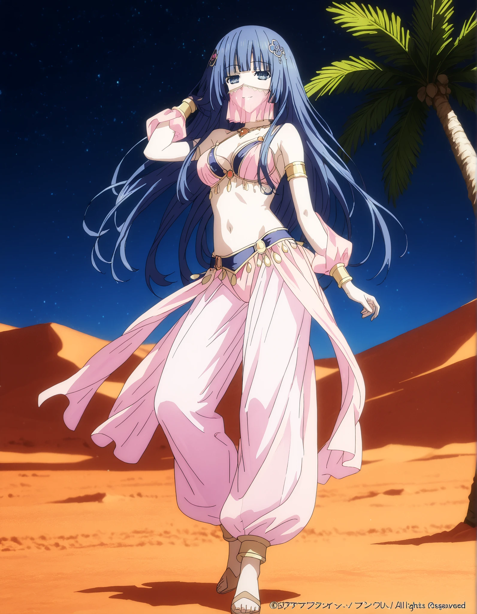 (1girl:1 . 5) , (Seul:1 . 5) , score_9 , score_8_haut , score_7_haut , source_anime , Official work  , ultra-detailed , masterpiece , best quality , high resolution , beaux yeux , detailed eyes , Detailed face , beautiful detailed eyes,1girl, bangs, blunt bangs, hime cut, hair ornament, long hair, blue eyes, blue hair,Date A Live,Miku Izayoi,Arabian Clothes , Arabian Dancer Outfit ,belly dancer costume,belly dancer outfit ,full body,golden jewelery,mouth veil,armlet, belly dancing,night,desert lands,palm tree,seductive smile, dancing with veil, dynamic movement,dance posture, seductive pose