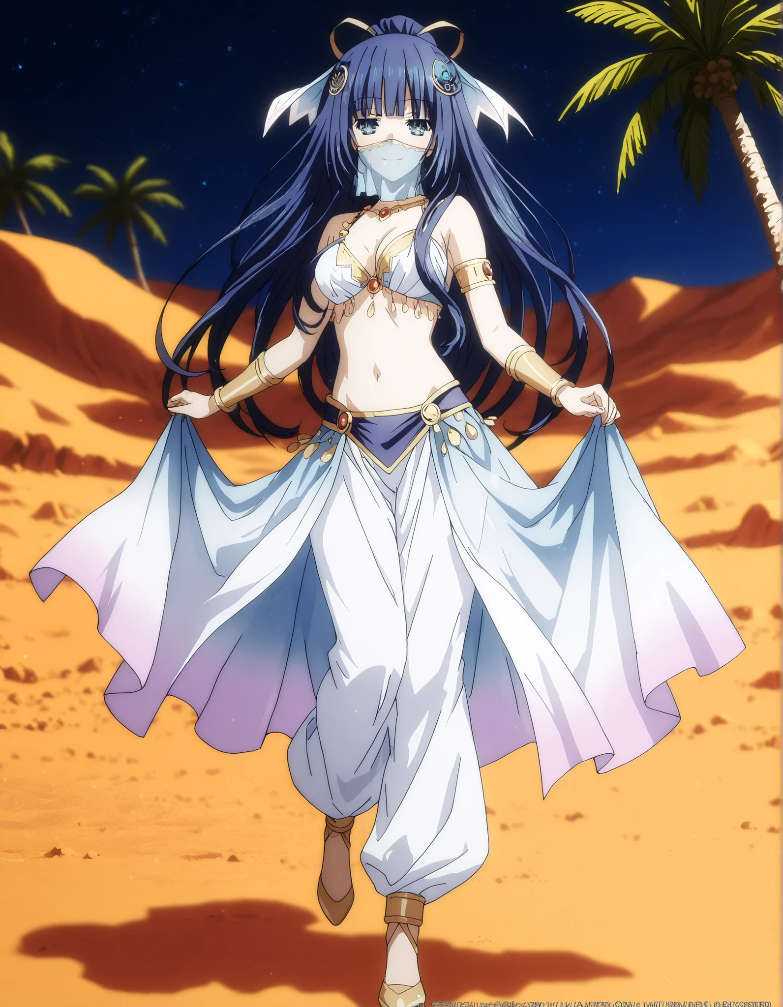 (1girl:1 . 5) , (Seul:1 . 5) , score_9 , score_8_haut , score_7_haut , source_anime , Official work  , ultra-detailed , masterpiece , best quality , high resolution , beaux yeux , detailed eyes , Detailed face , beautiful detailed eyes,1girl, bangs, blunt bangs, hime cut, hair ornament, long hair, blue eyes, blue hair,Date A Live,Miku Izayoi,Arabian Clothes , Arabian Dancer Outfit ,belly dancer costume,belly dancer outfit ,full body,golden jewelery,mouth veil,armlet, belly dancing,night,desert lands,palm tree,seductive smile, dancing with veil, dynamic movement,dance posture, seductive pose