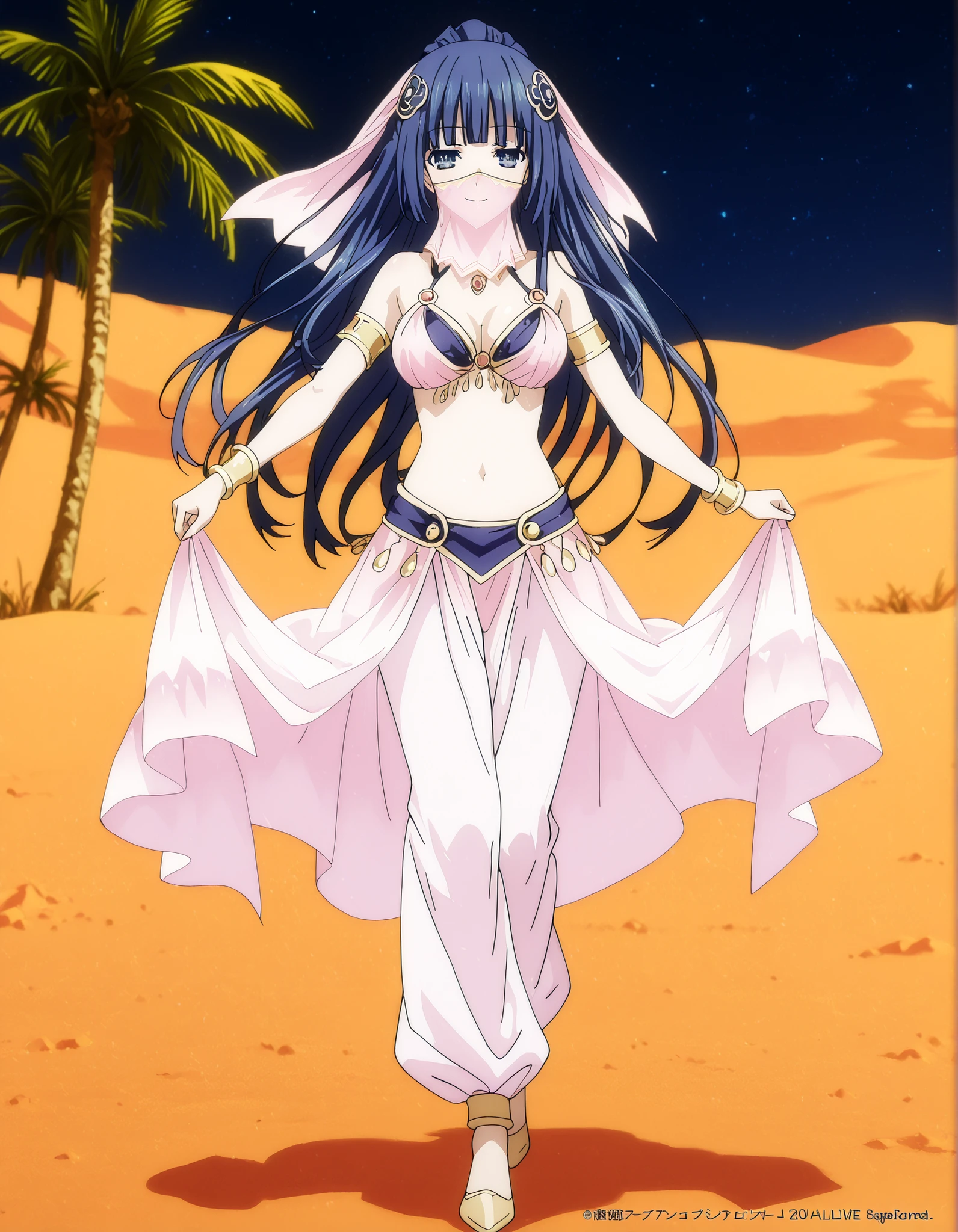 (1girl:1 . 5) , (Seul:1 . 5) , score_9 , score_8_haut , score_7_haut , source_anime , Official work , ultra-detailed , masterpiece , best quality , high resolution , beaux yeux , detailed eyes , Detailed face , beautiful detailed eyes,1girl, bangs, blunt bangs, hime cut, hair ornament, long hair, blue eyes, blue hair,Date A Live,Miku Izayoi,Arabian Clothes , Arabian Dancer Outfit ,belly dancer costume,belly dancer outfit ,full body,golden jewelery,mouth veil,armlet, belly dancing,night,desert lands,palm tree,seductive smile, dancing with veil, dynamic movement,dance posture, seductive pose