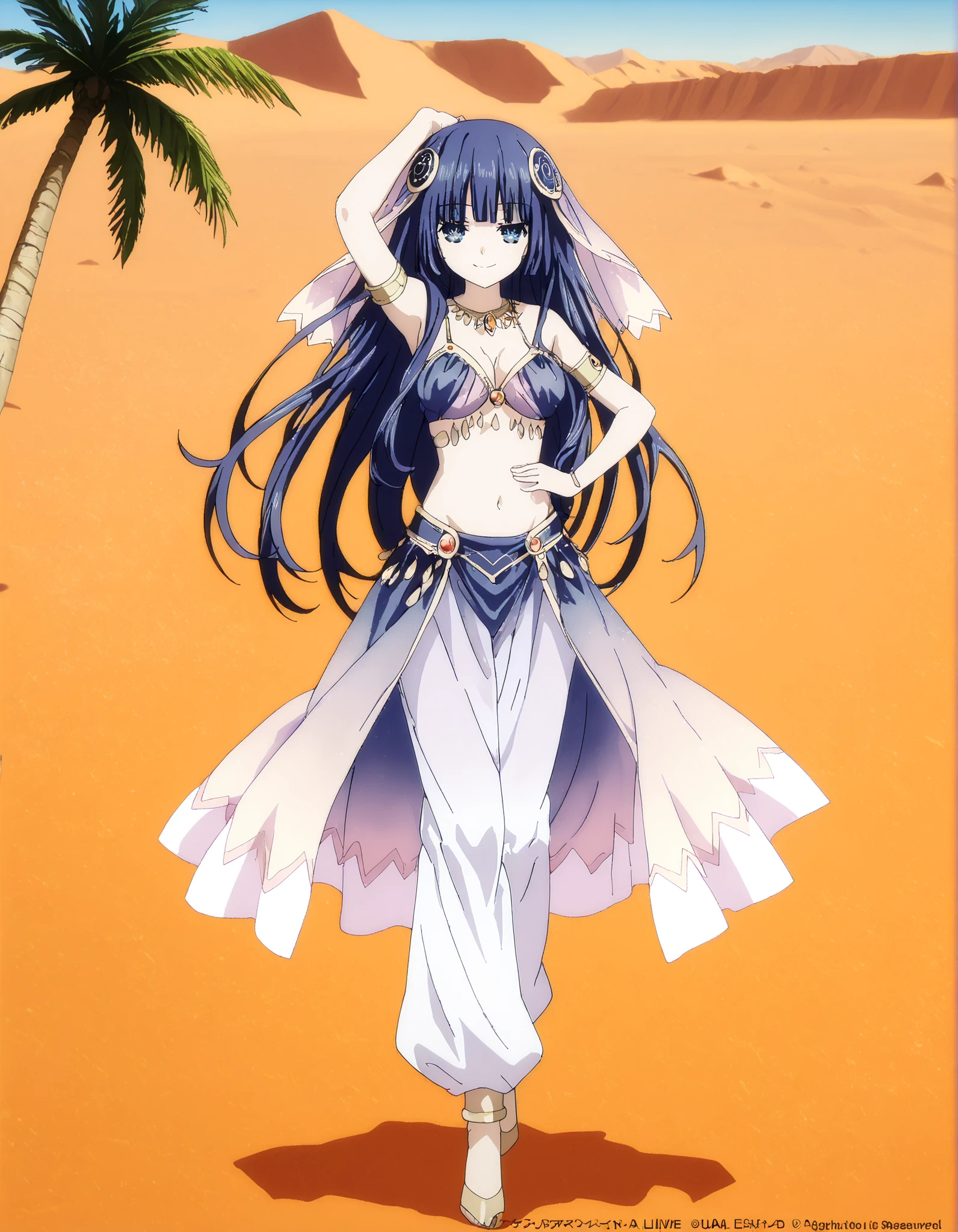 (1girl:1 . 5) , (Seul:1 . 5) , score_9 , score_8_haut , score_7_haut , source_anime , Official work  , ultra-detailed , masterpiece , best quality , high resolution , beaux yeux , detailed eyes , Detailed face , beautiful detailed eyes,1girl, bangs, blunt bangs, hime cut, hair ornament, long hair, blue eyes, blue hair,Date A Live,Miku Izayoi,Arabian Clothes , Arabian Dancer Outfit ,belly dancer costume,belly dancer outfit ,full body,golden jewelery,armlet, belly dancing,desert lands,palm tree,seductive smile, dancing with veil, dynamic movement,dance posture, seductive pose