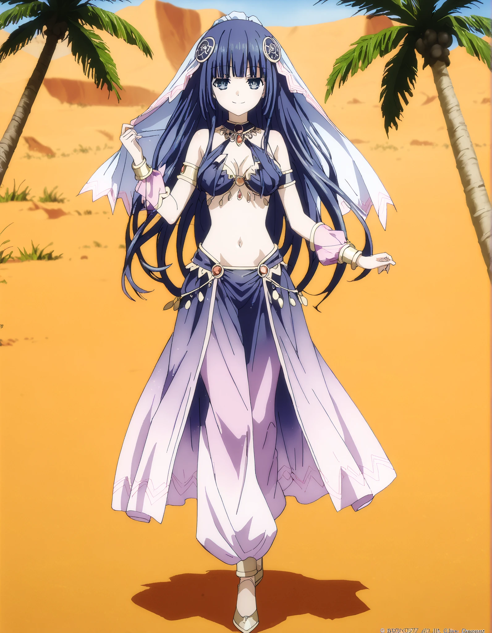 (1girl:1 . 5) , (Seul:1 . 5) , score_9 , score_8_haut , score_7_haut , source_anime , Official work  , ultra-detailed , masterpiece , best quality , high resolution , beaux yeux , detailed eyes , Detailed face , beautiful detailed eyes,1girl, bangs, blunt bangs, hime cut, hair ornament, long hair, blue eyes, blue hair,Date A Live,Miku Izayoi,Arabian Clothes , Arabian Dancer Outfit ,belly dancer costume,belly dancer outfit ,full body,golden jewelery,armlet, belly dancing,desert lands,palm tree,seductive smile, dancing with veil, dynamic movement,dance posture, seductive pose