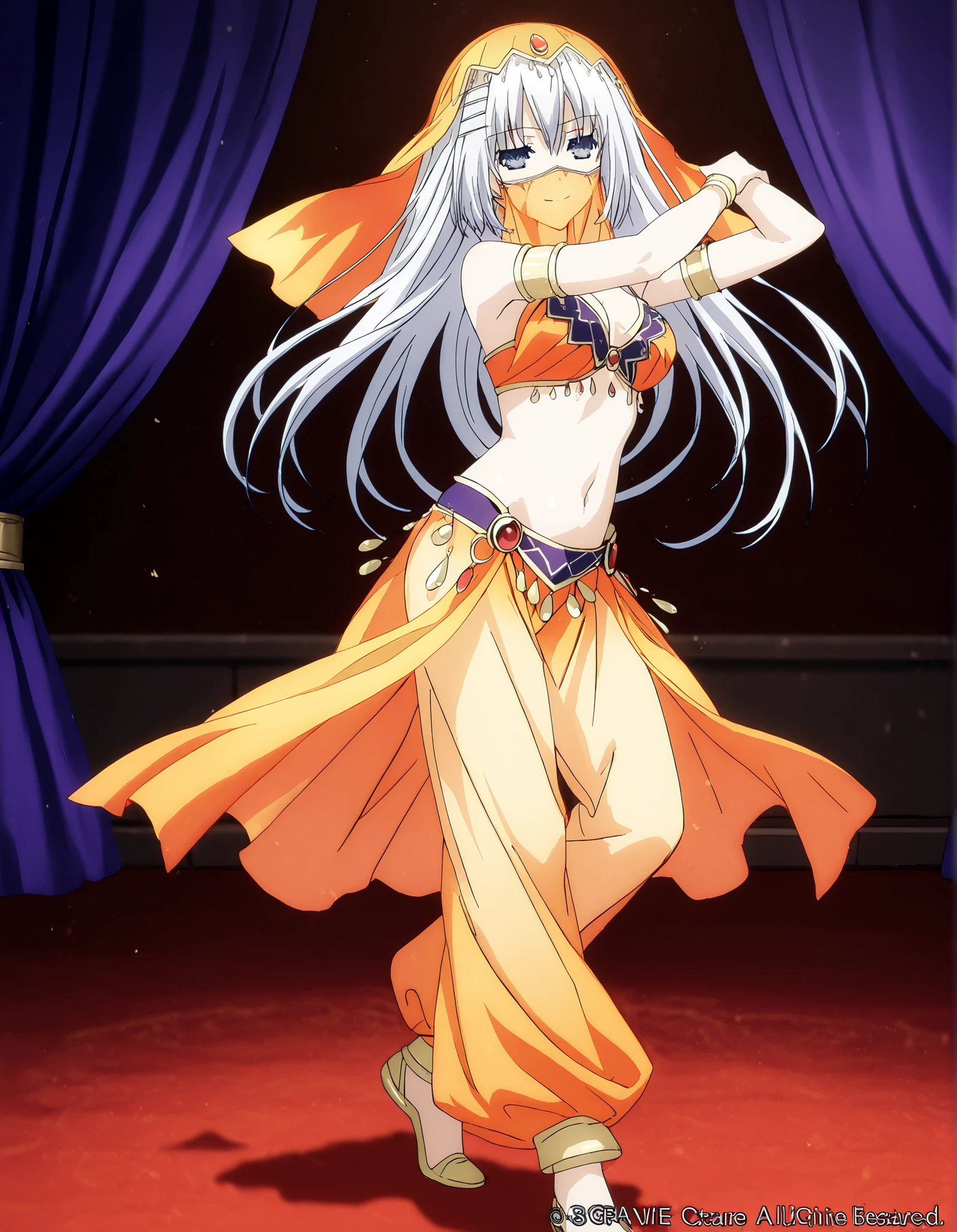 (1girl:1 . 5) , (Seul:1 . 5) , score_9 , score_8_haut , score_7_haut , source_anime , Official work  , ultra-detailed , masterpiece , best quality , high resolution , beaux yeux , detailed eyes , Detailed face , beautiful detailed eyes,1girl, long hair, blue eyes,  white hair,Date A Live,Origami Tobiichi,Arabian Clothes , Arabian Dancer Outfit ,belly dancer costume,belly dancer outfit ,full body,golden jewelery,mouth veil,armlet, belly dancing,arabian theater,seductive smile, dancing with veil, dynamic movement,dance posture, seductive pose