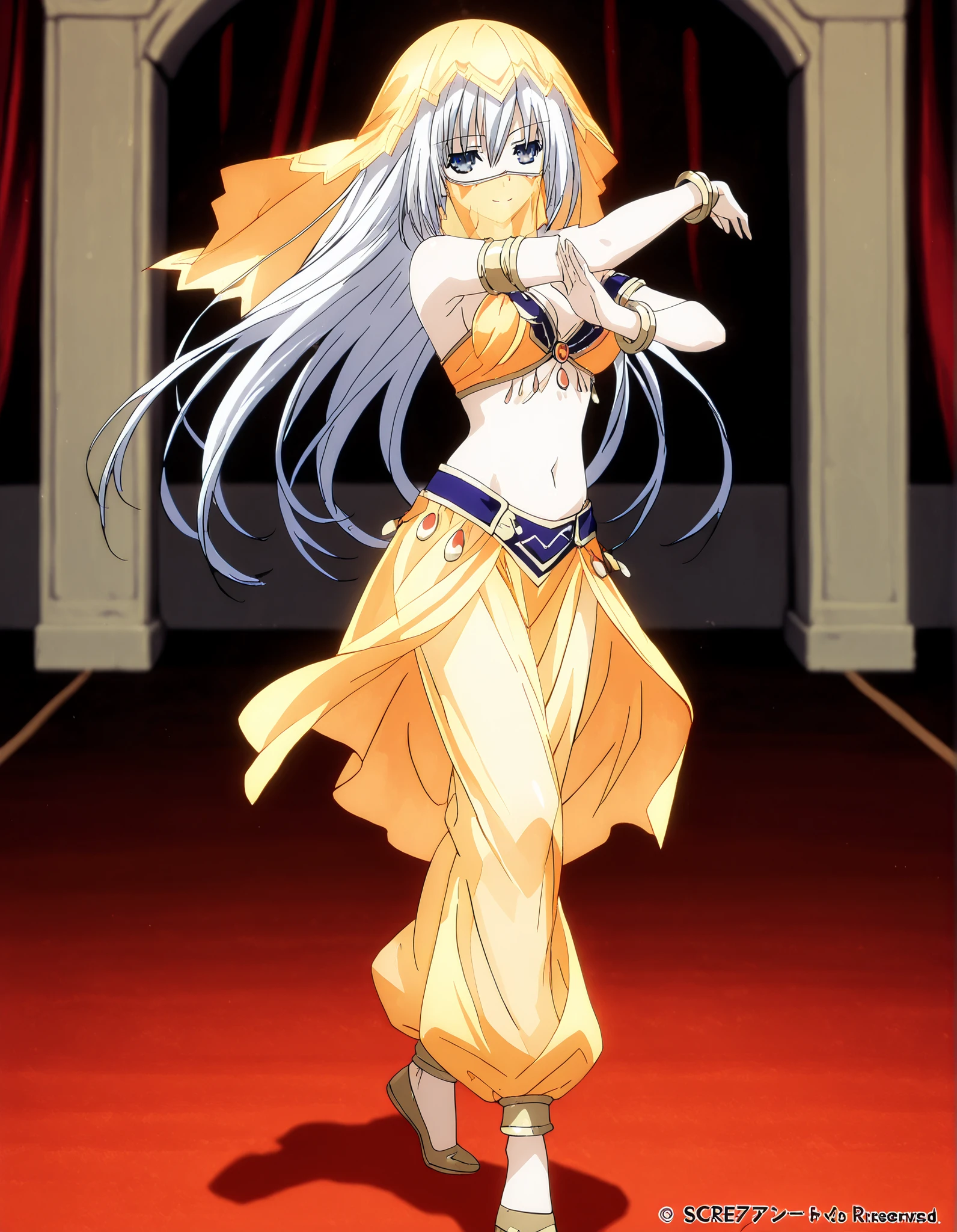 (1girl:1 . 5) , (Seul:1 . 5) , score_9 , score_8_haut , score_7_haut , source_anime , Official work  , ultra-detailed , masterpiece , best quality , high resolution , beaux yeux , detailed eyes , Detailed face , beautiful detailed eyes,1girl, long hair, blue eyes,  white hair,Date A Live,Origami Tobiichi,Arabian Clothes , Arabian Dancer Outfit ,belly dancer costume,belly dancer outfit ,full body,golden jewelery,mouth veil,armlet, belly dancing,arabian theater,seductive smile, dancing with veil, dynamic movement,dance posture, seductive pose