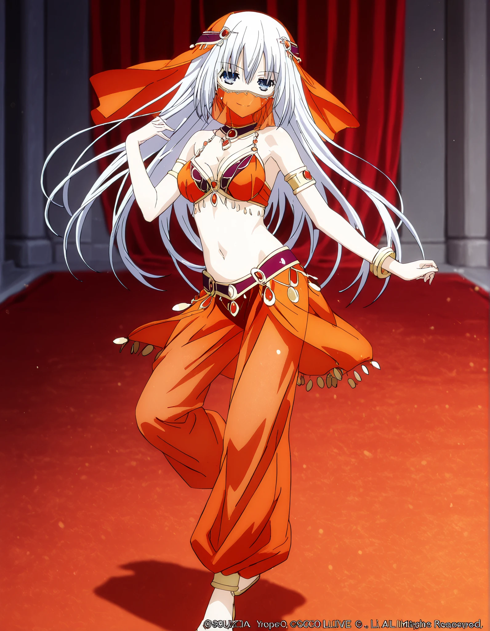 (1girl:1 . 5) , (Seul:1 . 5) , score_9 , score_8_haut , score_7_haut , source_anime , Official work  , ultra-detailed , masterpiece , best quality , high resolution , beaux yeux , detailed eyes , Detailed face , beautiful detailed eyes,1girl, long hair, blue eyes,  white hair,Date A Live,Origami Tobiichi,Arabian Clothes , Arabian Dancer Outfit ,belly dancer costume,belly dancer outfit ,full body,golden jewelery,mouth veil,armlet, belly dancing,arabian theater,seductive smile, dancing with veil, dynamic movement,dance posture, seductive pose